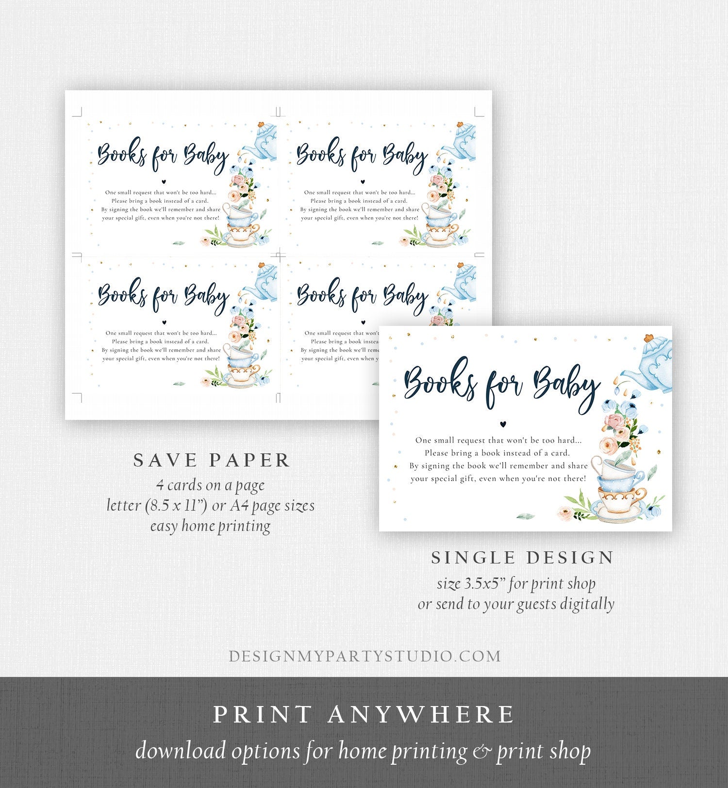 Editable Bring a Book Card Baby is Brewing Baby Shower Tea Party Book Insert Books for Baby Boy Blue Request Corjl Template Printable 0349