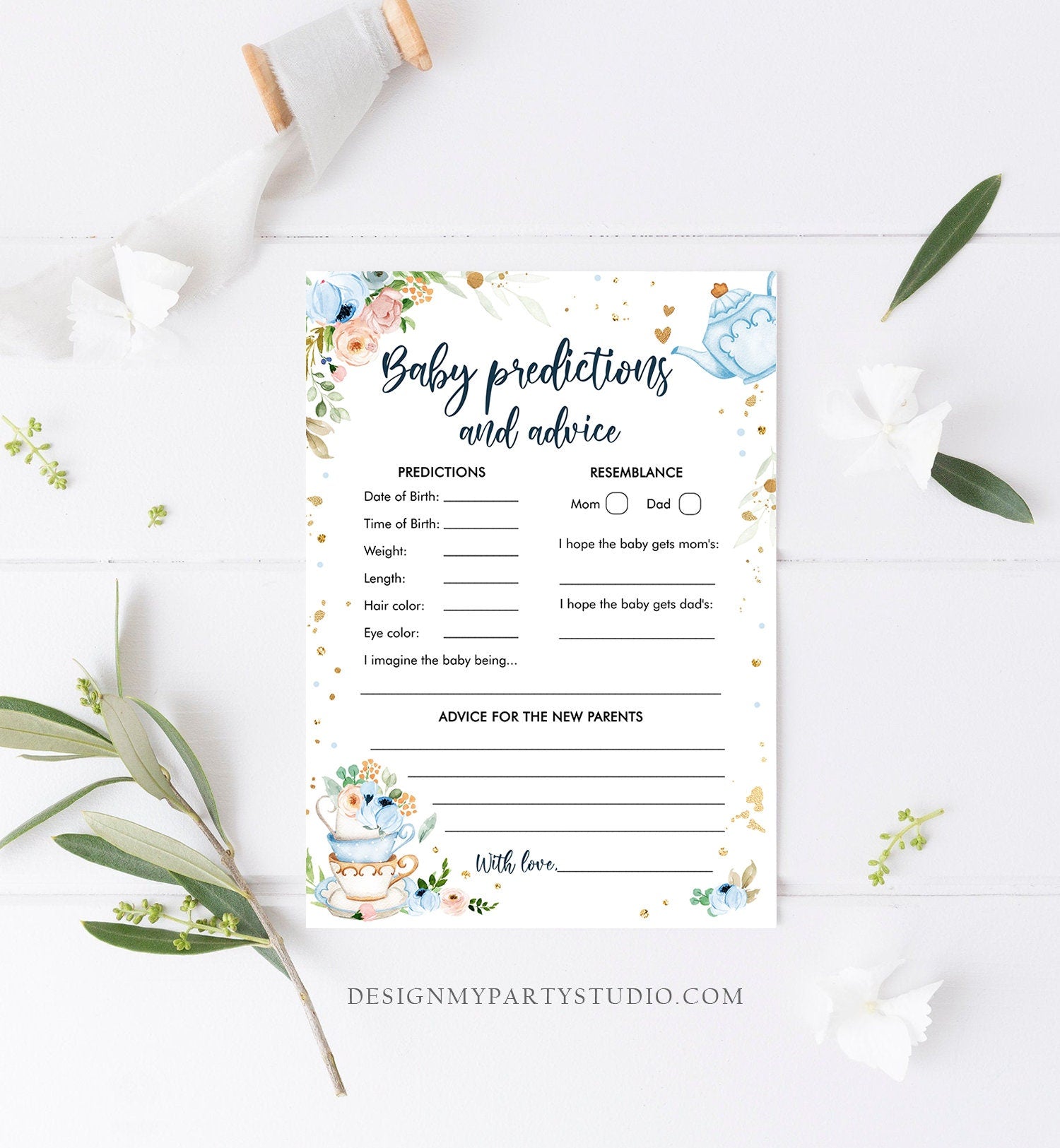 Editable Baby Predictions Baby Shower Game Advice for Parents Tea Party Baby is Brewing Game Shower Activity Corjl Template Printable 0349