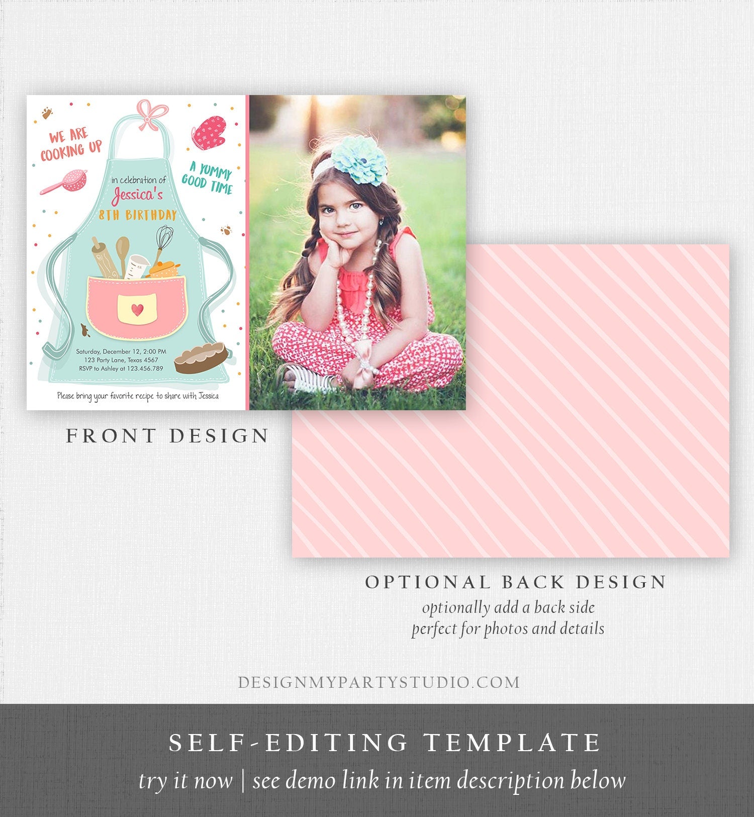 Editable Kids Kitchen Cooking Birthday Invitation Pink Girl Chef Baking Party Cakes Pies Cupcakes Digital Download Template Printable 0219