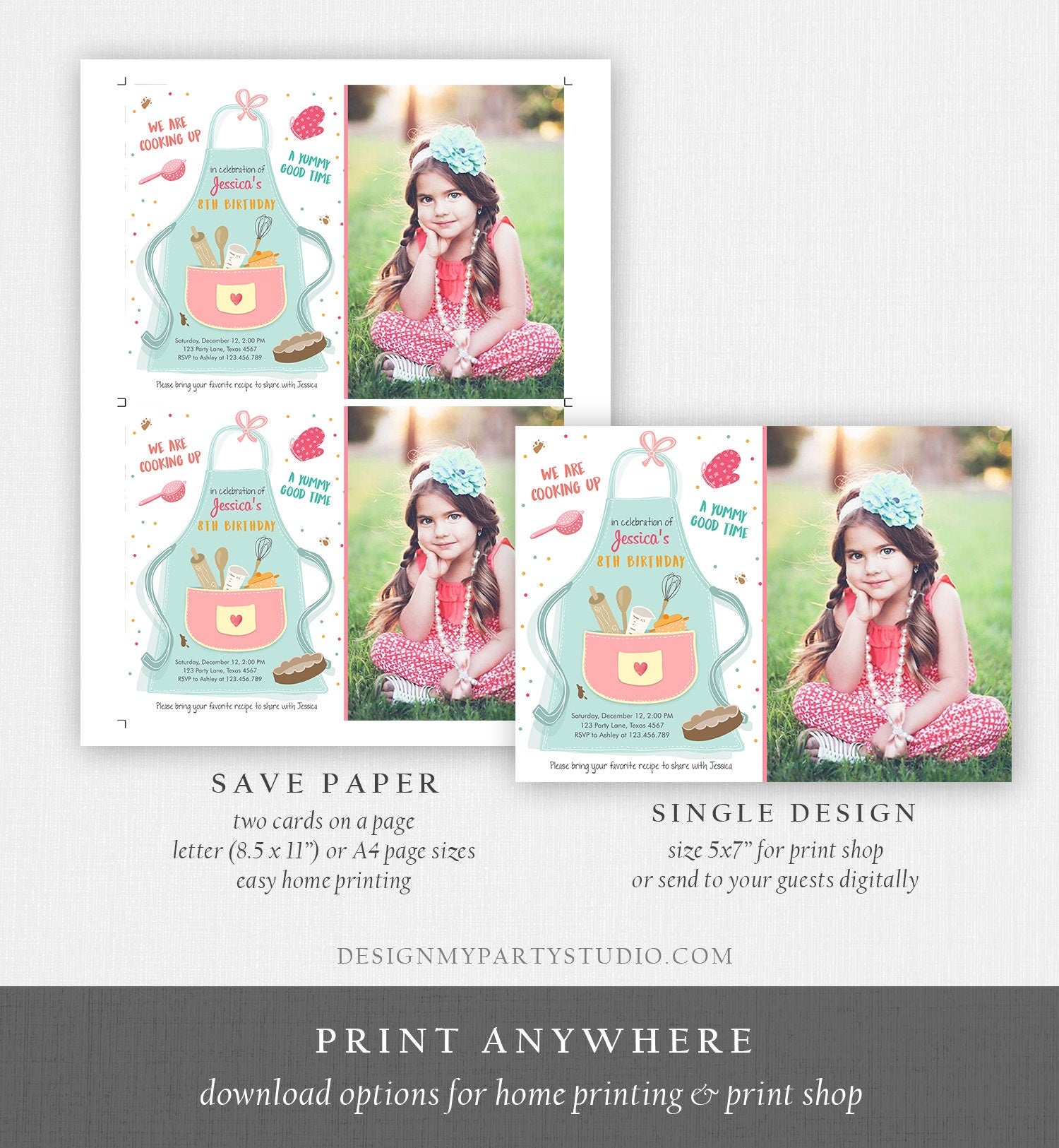 Editable Kids Kitchen Cooking Birthday Invitation Pink Girl Chef Baking Party Cakes Pies Cupcakes Digital Download Template Printable 0219