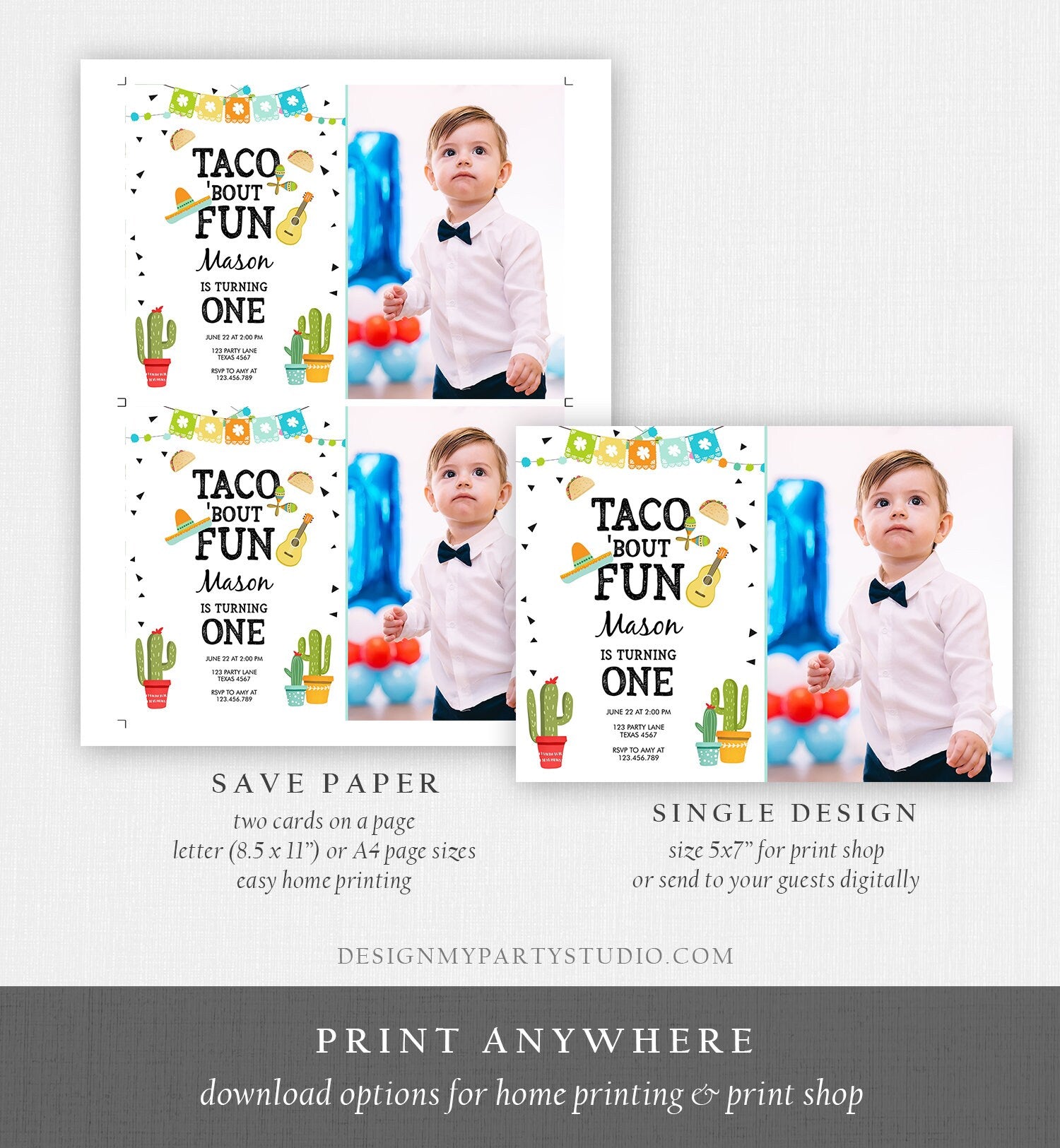 Editable Taco Bout Fun Birthday Invitation Boy First Fiesta Mexican Cactus Sombrero Blue Digital Download Evite Template Printable 0161