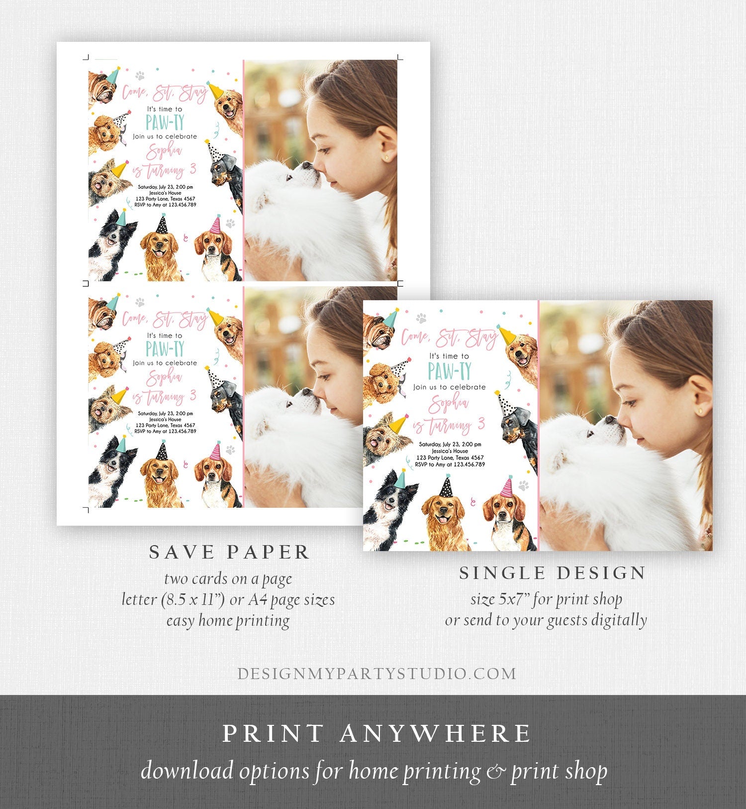 Editable Dog Birthday Party Invitation Puppy Birthday Invite Pink Girl Doggy Shelter Animal Pet Vet Digital Download Template Printable 0384