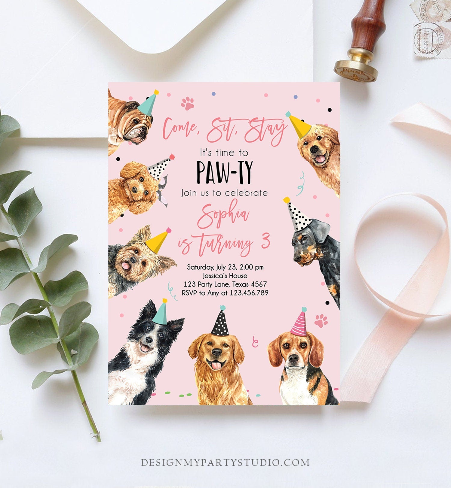Editable Dog Birthday Party Invitation Puppy Birthday Pink Girl Doggy Shelter Animal Pet Vet Digital Download Evite Template Printable 0384