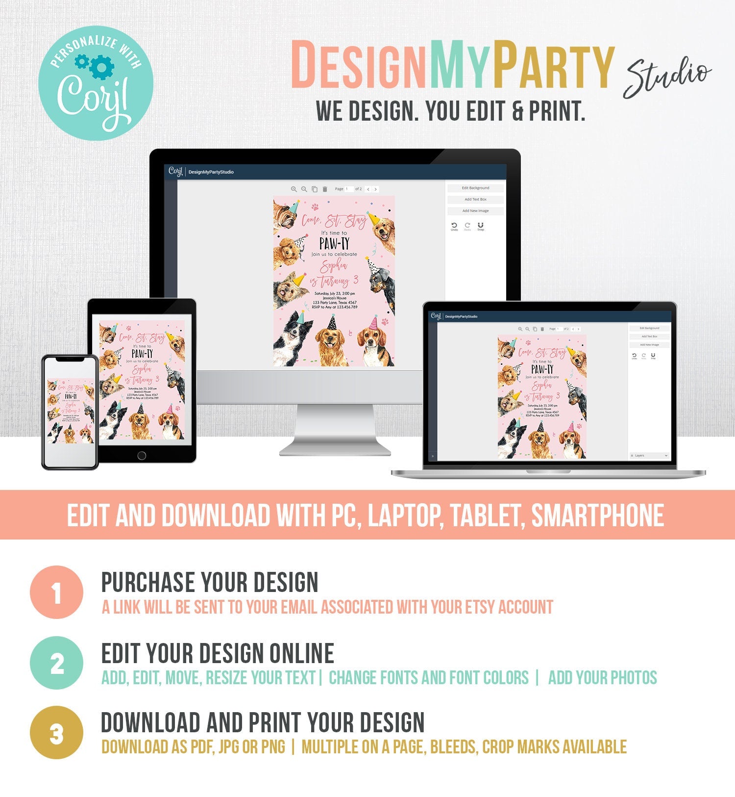 Editable Dog Birthday Party Invitation Puppy Birthday Pink Girl Doggy Shelter Animal Pet Vet Digital Download Evite Template Printable 0384