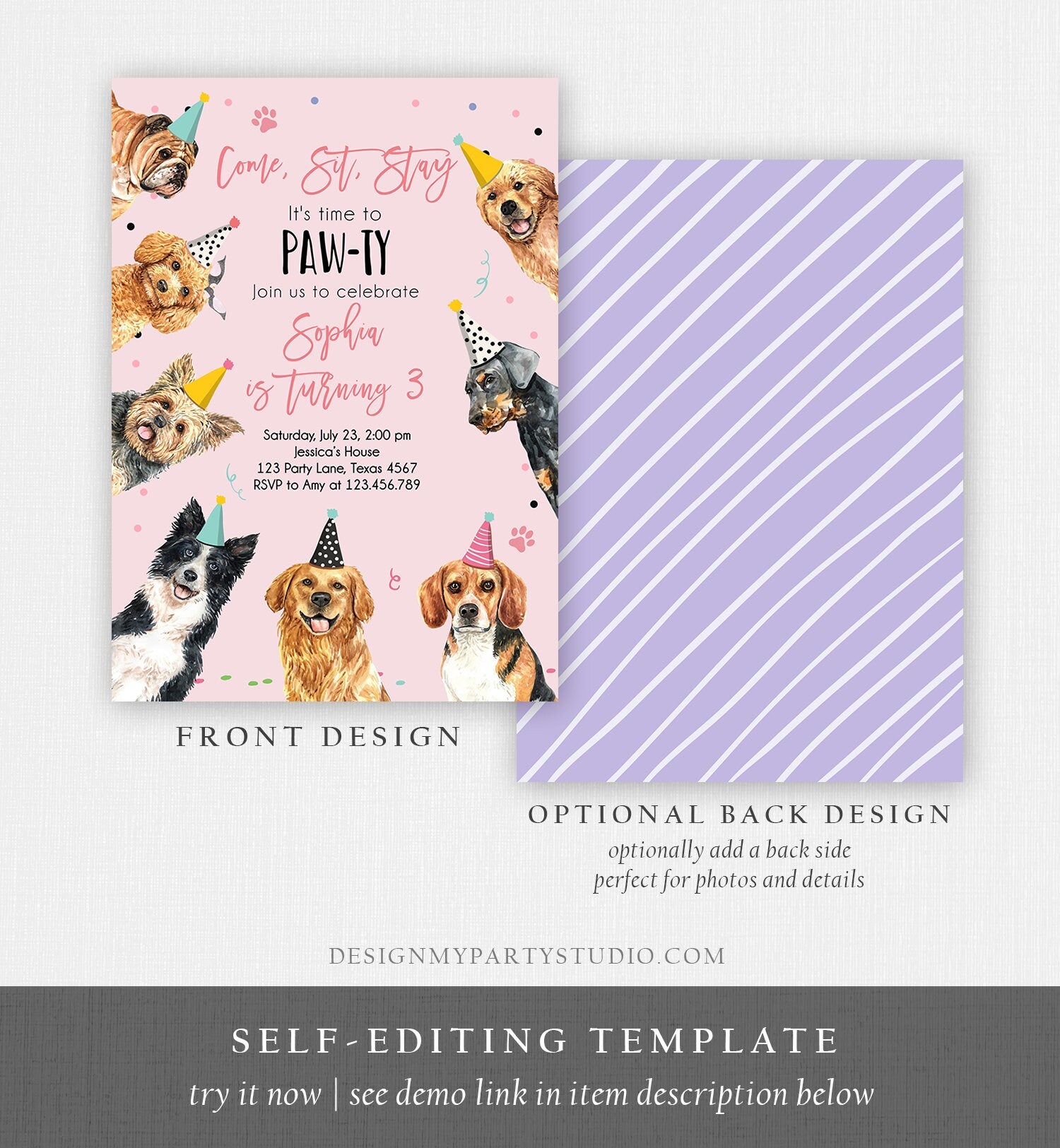 Editable Dog Birthday Party Invitation Puppy Birthday Pink Girl Doggy Shelter Animal Pet Vet Digital Download Evite Template Printable 0384