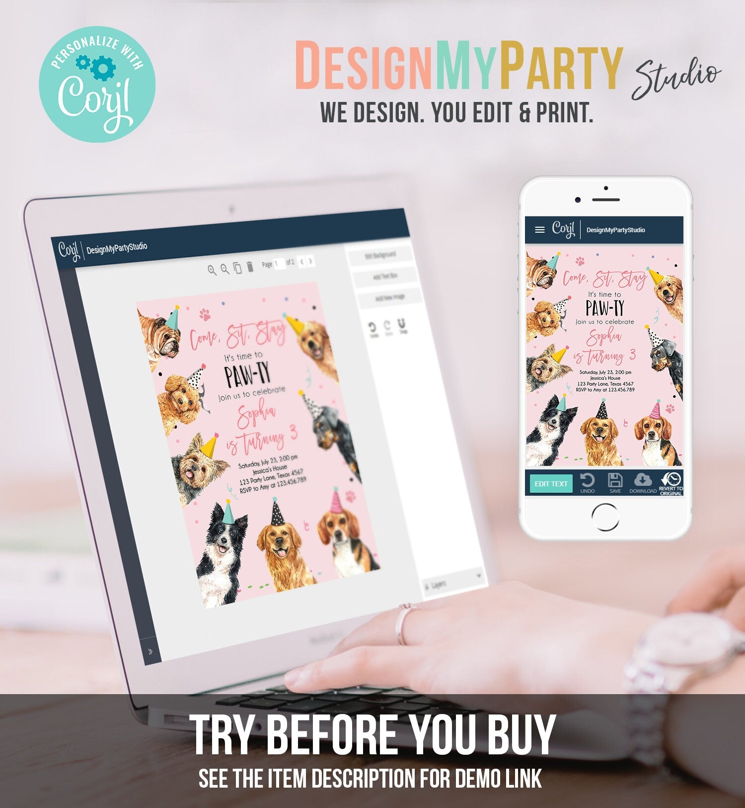 Editable Dog Birthday Party Invitation Puppy Birthday Pink Girl Doggy Shelter Animal Pet Vet Digital Download Evite Template Printable 0384