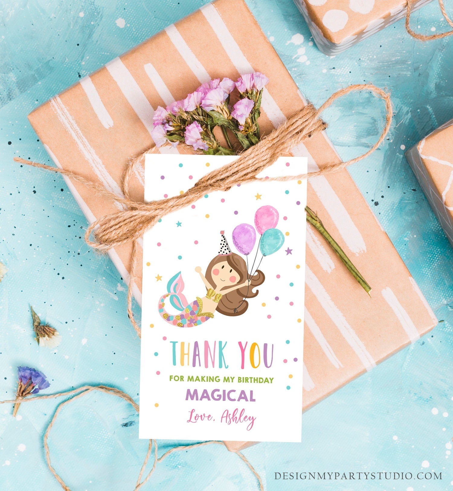 Editable Mermaid Favor Tag Birthday Party Favors Under the Sea Thank You Gift Tags Pink Girl Gold Balloons Digital Template Printable 0338