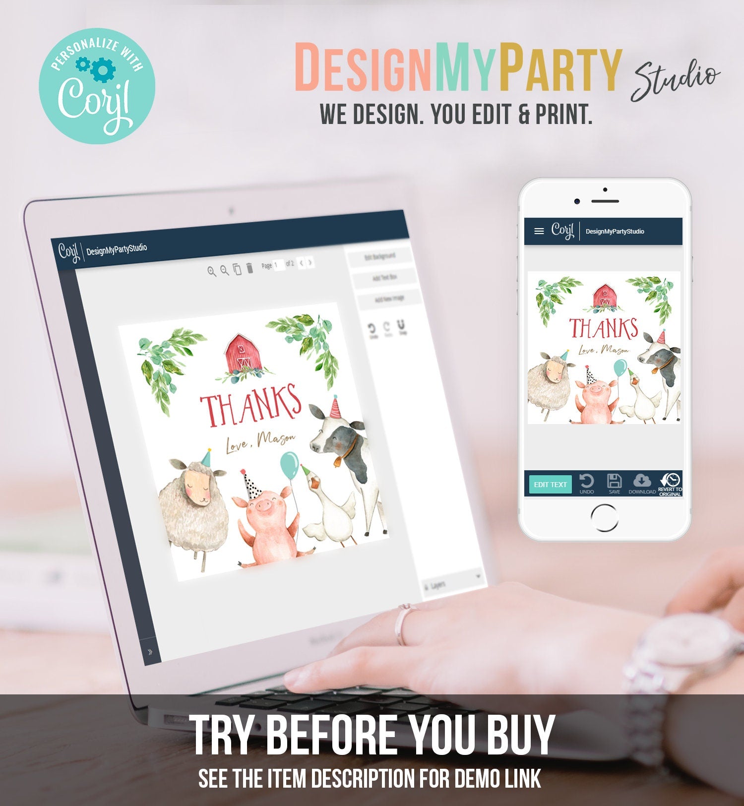 Editable Farm Animals Thank You Tags Boy Birthday Red Barn Barnyard Stickers Farm Birthday Decor Favor Tags Cow Pig Template Corjl 0155