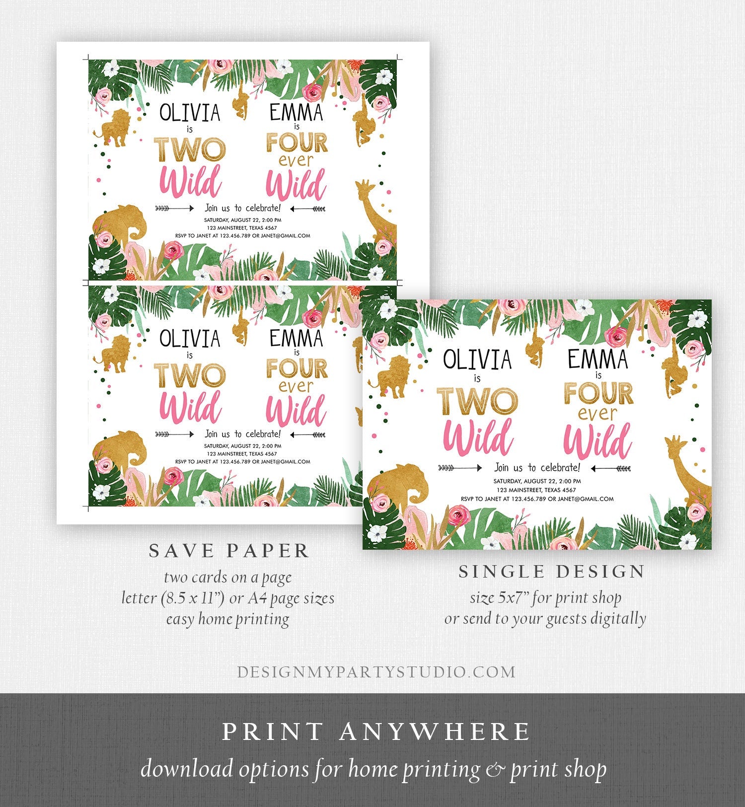 Editable Two Wild Four Ever Wild Birthday Invitation Safari Animals Girl Pink Gold Coed Dual Combined Party Corjl Template Printable 0016