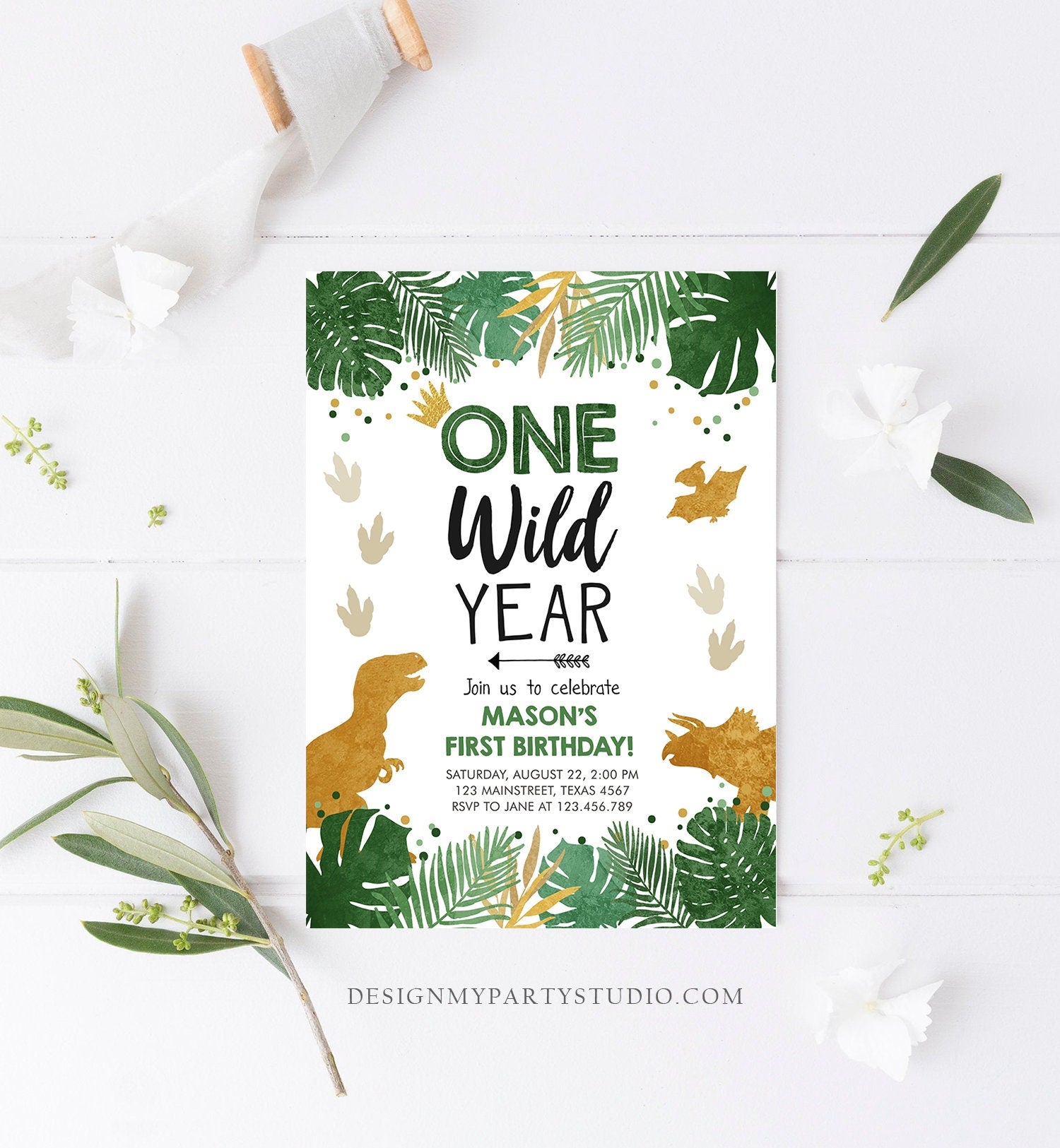 Editable One Wild Year Dinosaur Birthday Invitation T-Rex Dino Party Boy First Birthday Wild One Prehistoric Digital Template Printable 0146