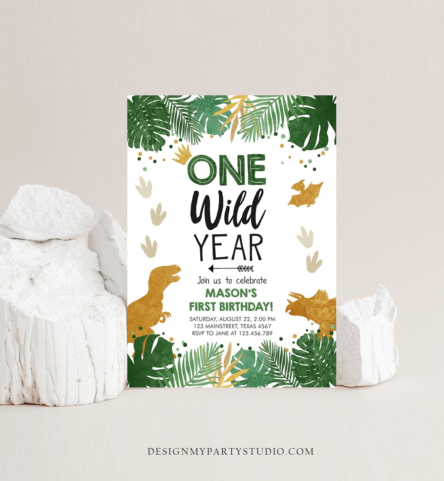 Editable One Wild Year Dinosaur Birthday Invitation T-Rex Dino Party Boy First Birthday Wild One Prehistoric Digital Template Printable 0146
