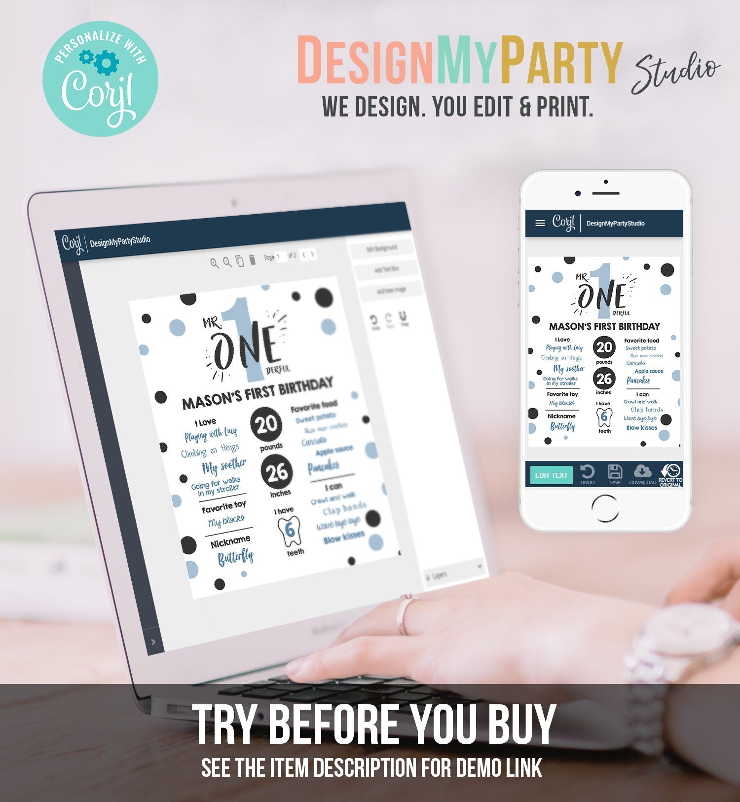 Editable Mr Onederful Birthday Milestones Sign Blue Boy First Birthday Confetti 1st Party Instant Download Corjl Template Printable 0072