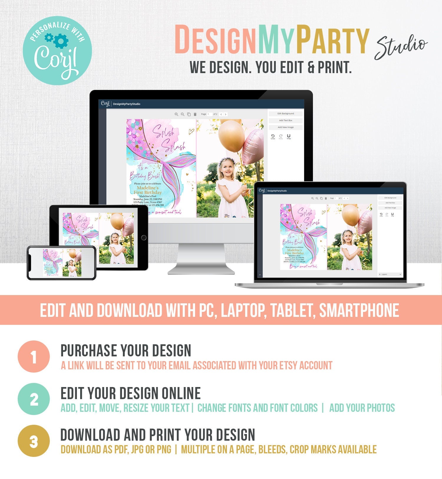 Editable Mermaid Birthday Party Invitation Girl Pink Purple Gold Mermaid Birthday Under The Sea Digital Download Template Printable 0403