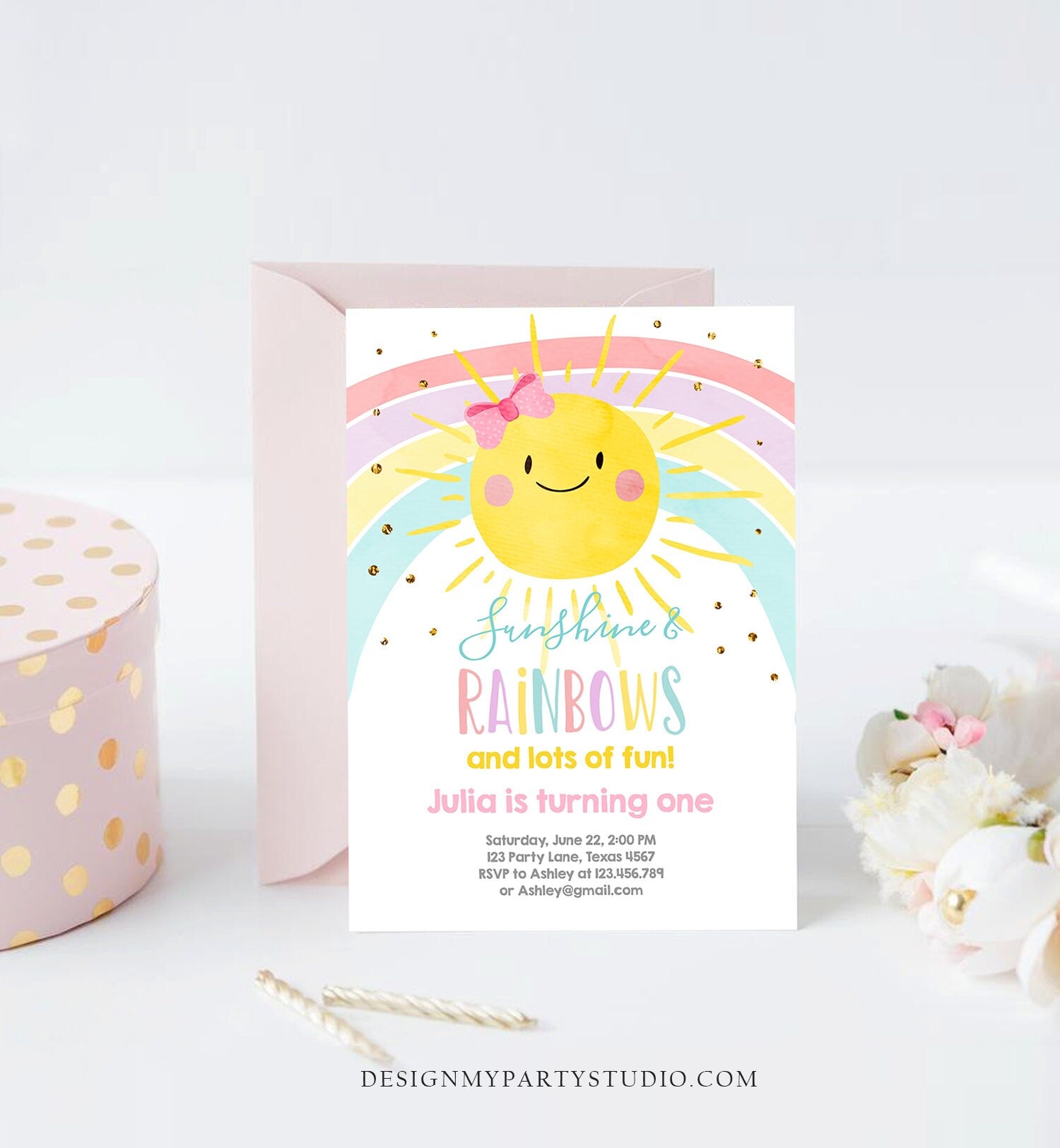 Editable Sunshine and Rainbow Birthday Invitation Pastel Rainbow Birthday Sunshine 1st Birthday Party Girl Download Corjl Template 0402