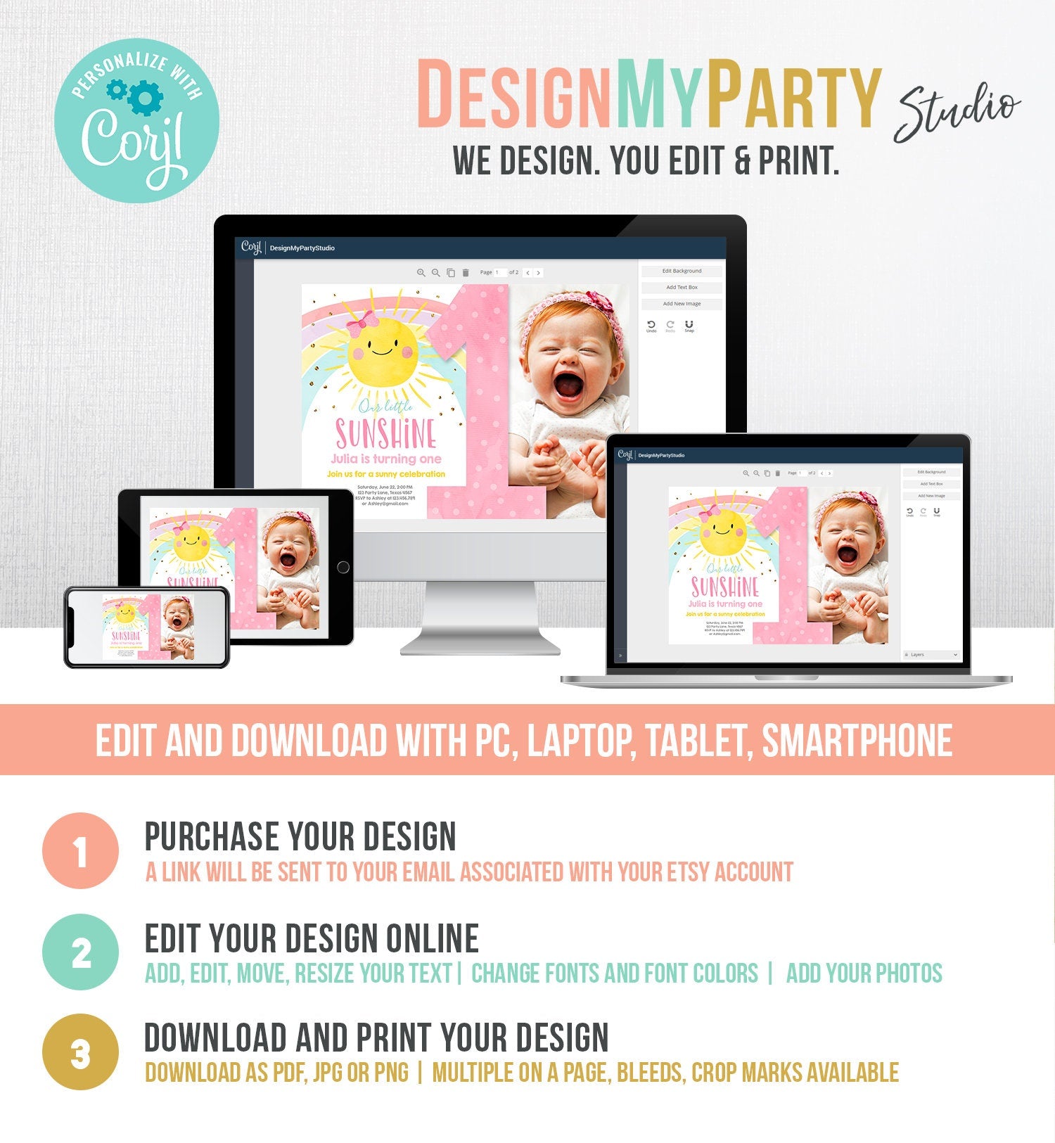 Editable Sunshine Birthday Invitation Pastel Rainbow Birthday Sun 1st Birthday Party Girl Download Evite Digital Download Template 0402