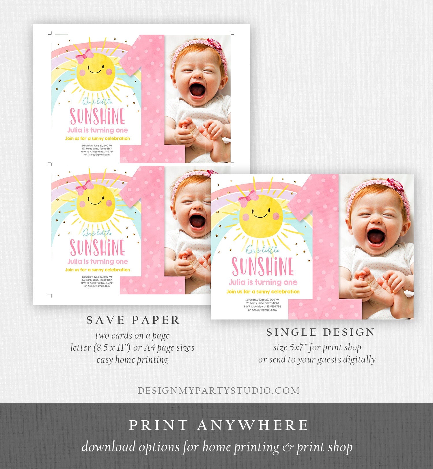 Editable Sunshine Birthday Invitation Pastel Rainbow Birthday Sun 1st Birthday Party Girl Download Evite Digital Download Template 0402