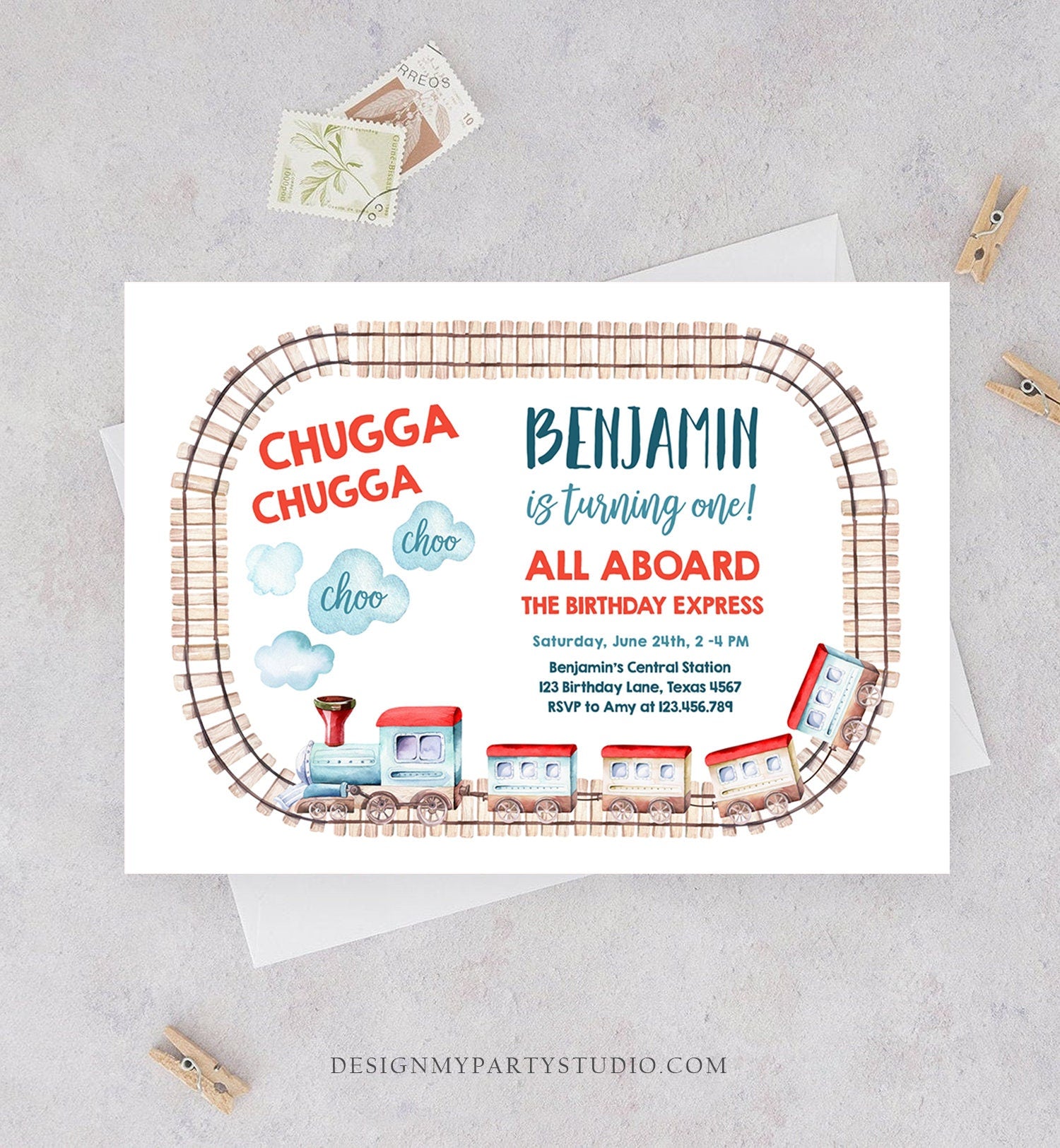 Editable Train Birthday Invitation Vintage Train Party Train Invitation Chugga Choo All Aboard Boy Download Printable Template Corjl 0149