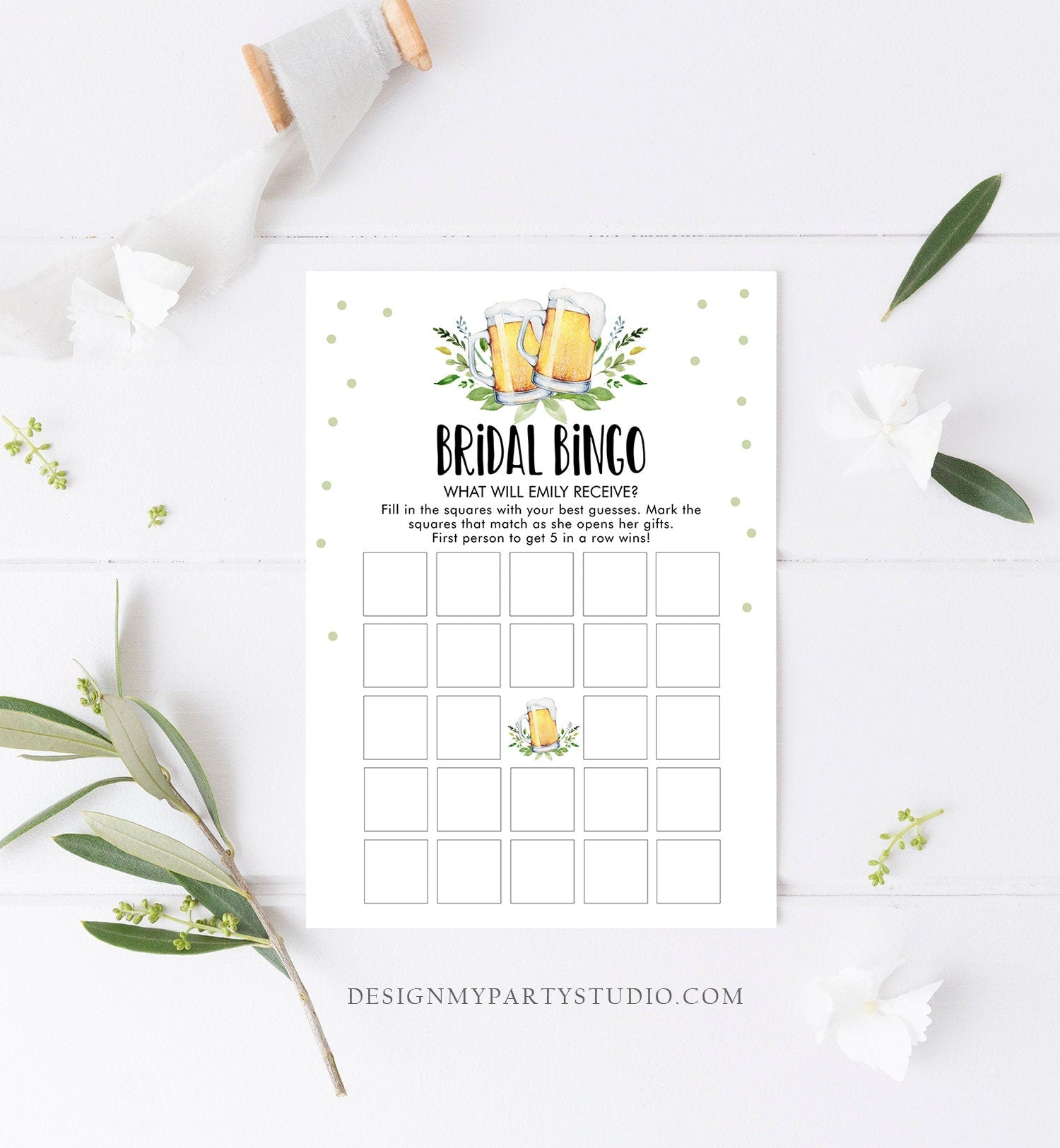 Editable Bingo Bridal Shower Game Wedding Shower Activity Love is Brewing Greenery Rustic Beer Couples Digital Template Printable 0190