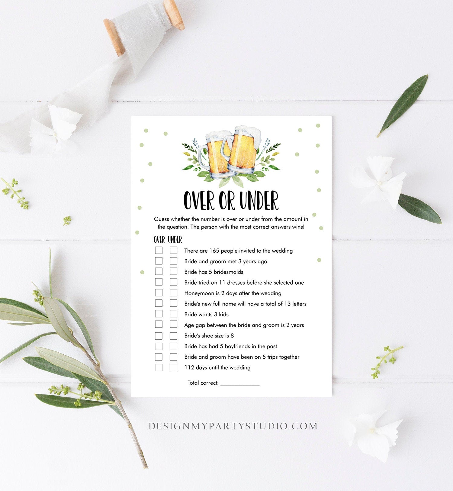 Editable Over or Under Bridal Shower Game Love is Brewing Greenery Beer Rustic Couples Wedding Activity Digital Template Printable 0190