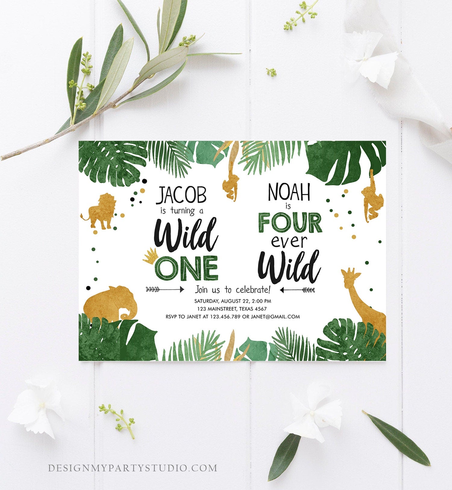 Editable Wild One Four Ever Wild Birthday Invitation Boys Brothers Safari Animals Party Gold Joint Digital Download Template Printable 0016