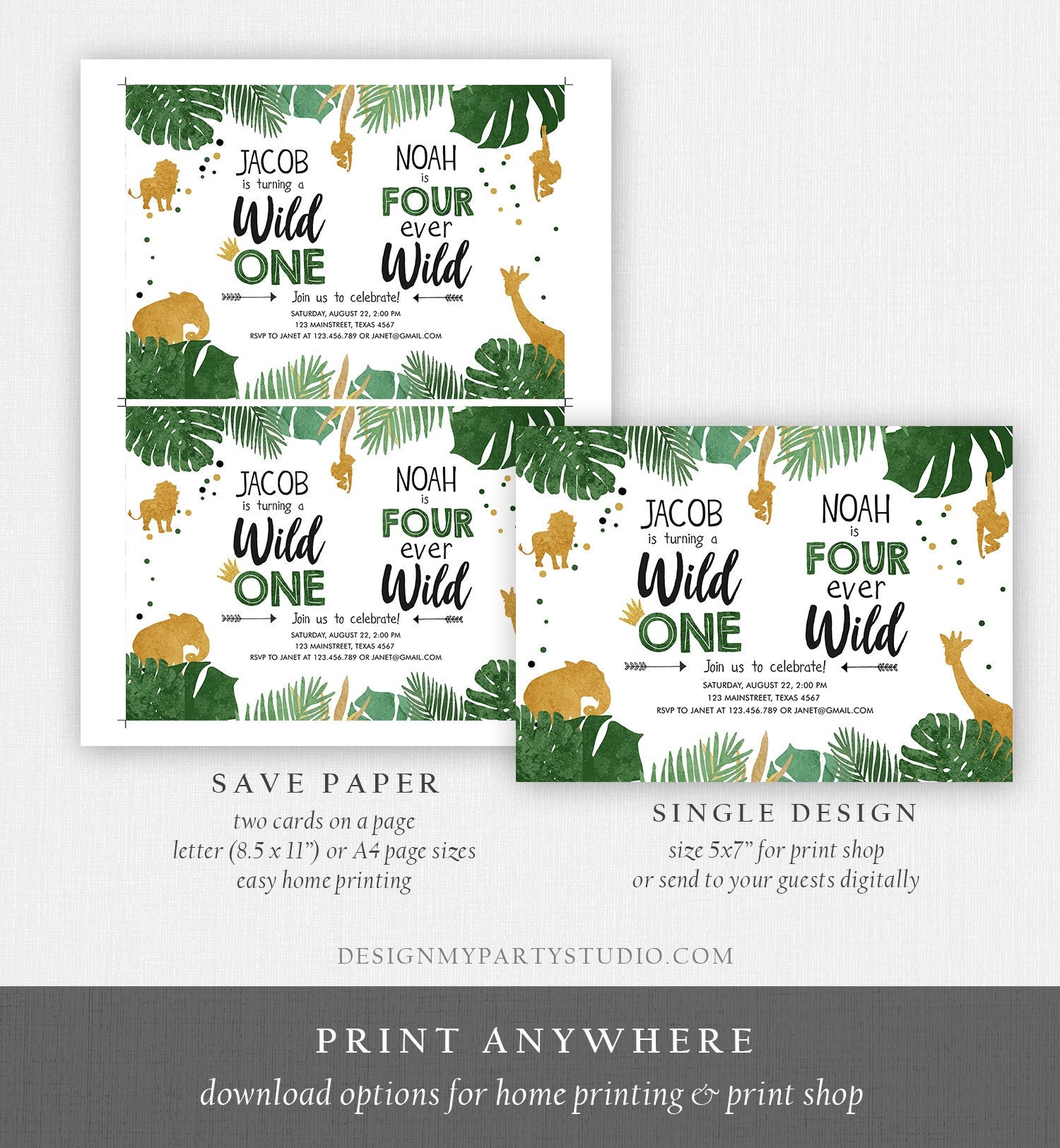 Editable Wild One Four Ever Wild Birthday Invitation Boys Brothers Safari Animals Party Gold Joint Digital Download Template Printable 0016