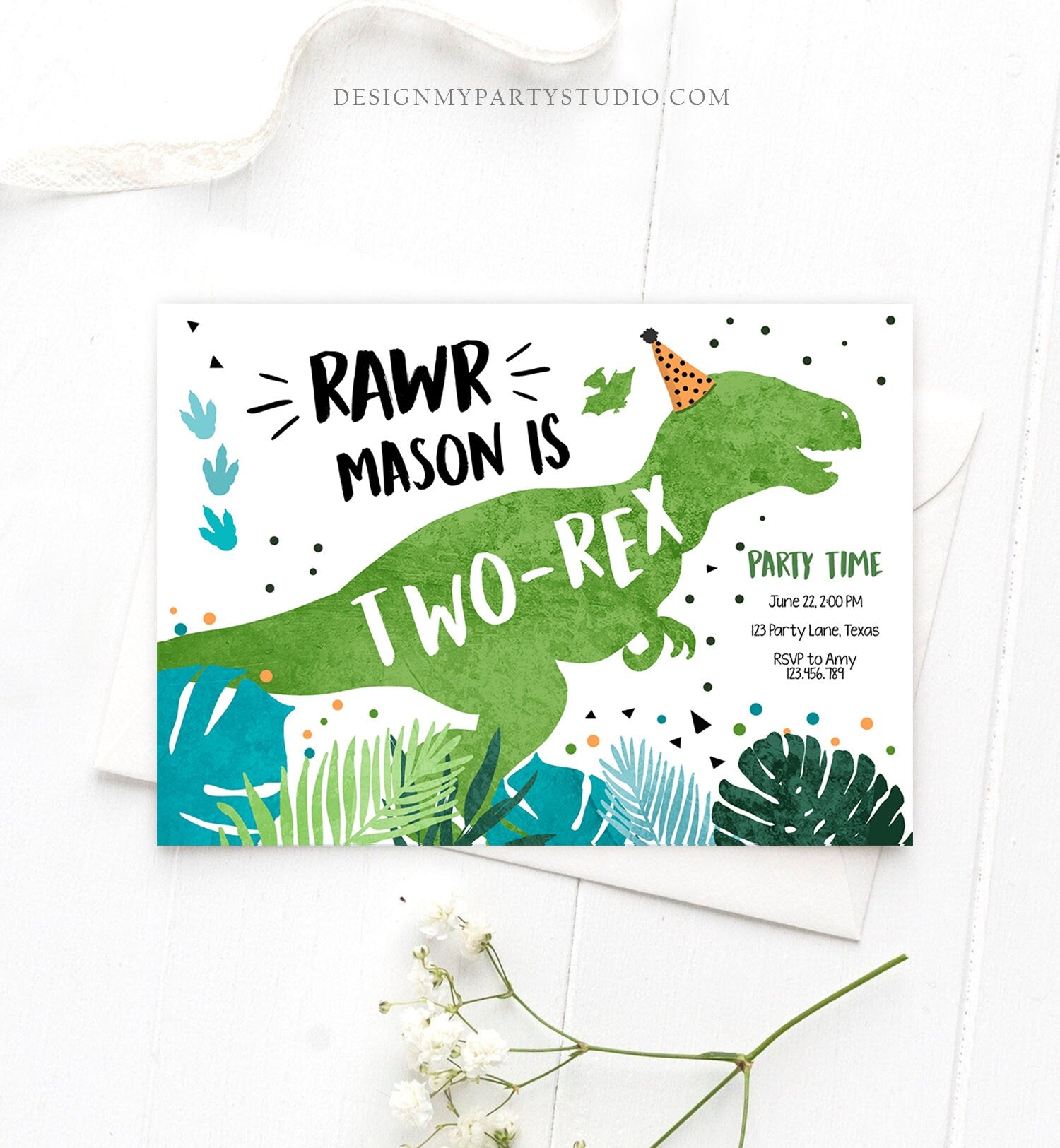 Editable Two-Rex Dinosaur Birthday Invitation Dino T-Rex Second Birthday 2nd Boy Blue Prehistoric Printable Digital Evite Template 0389