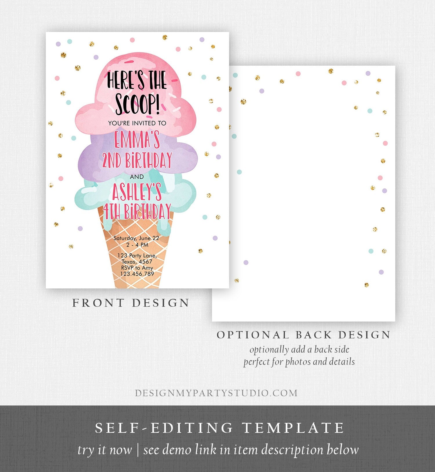 Editable Ice Cream Birthday Invitation Coed Joint Sisters Party Here's the Scoop Cone Pink Mint Gold Purple Digital Template Printable 0243