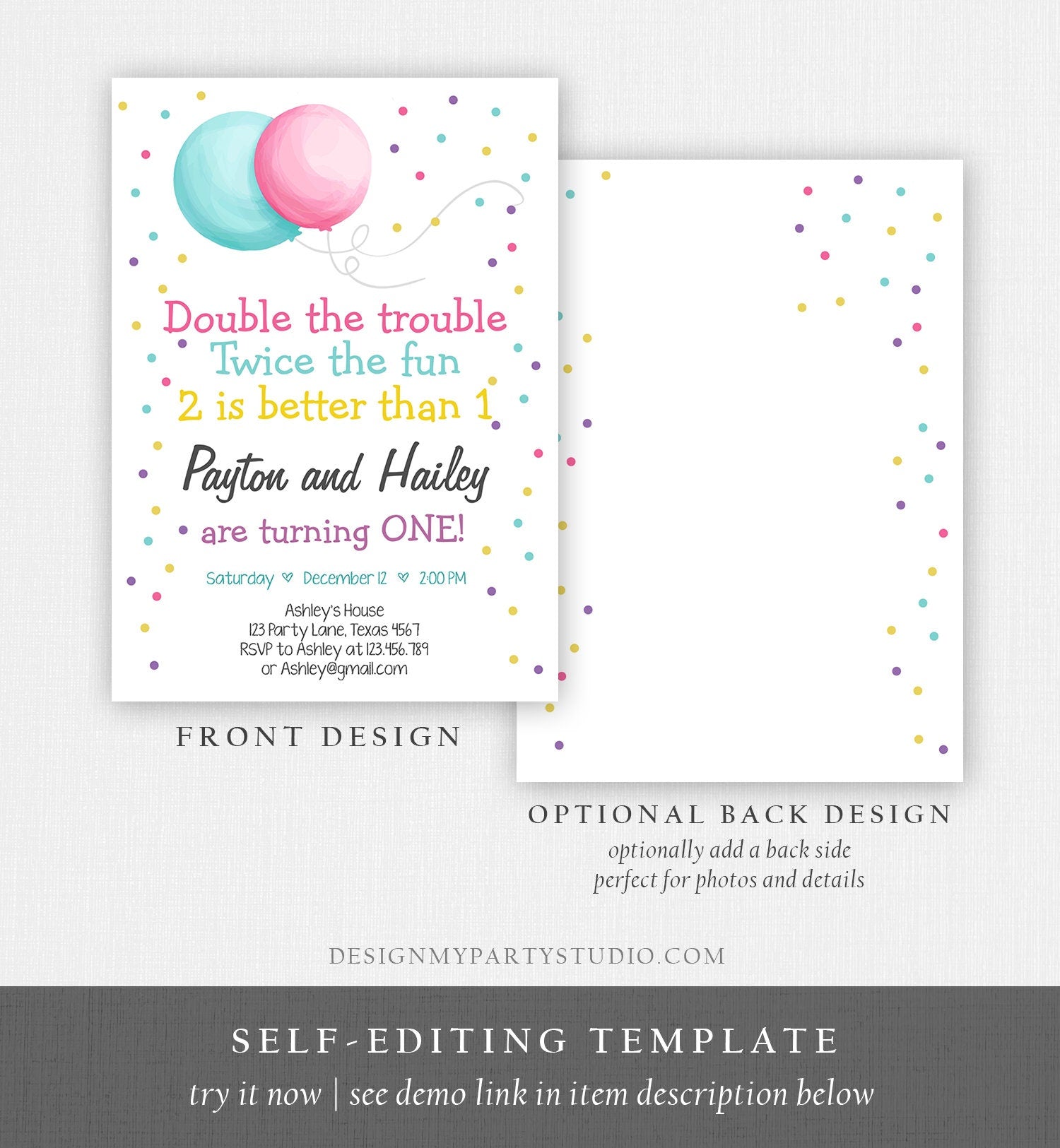 Editable Joint Twin Birthday Invitation Twins Birthday Party Dual Joint Siblings Party Boy and Girl Digital Download Template Printable
