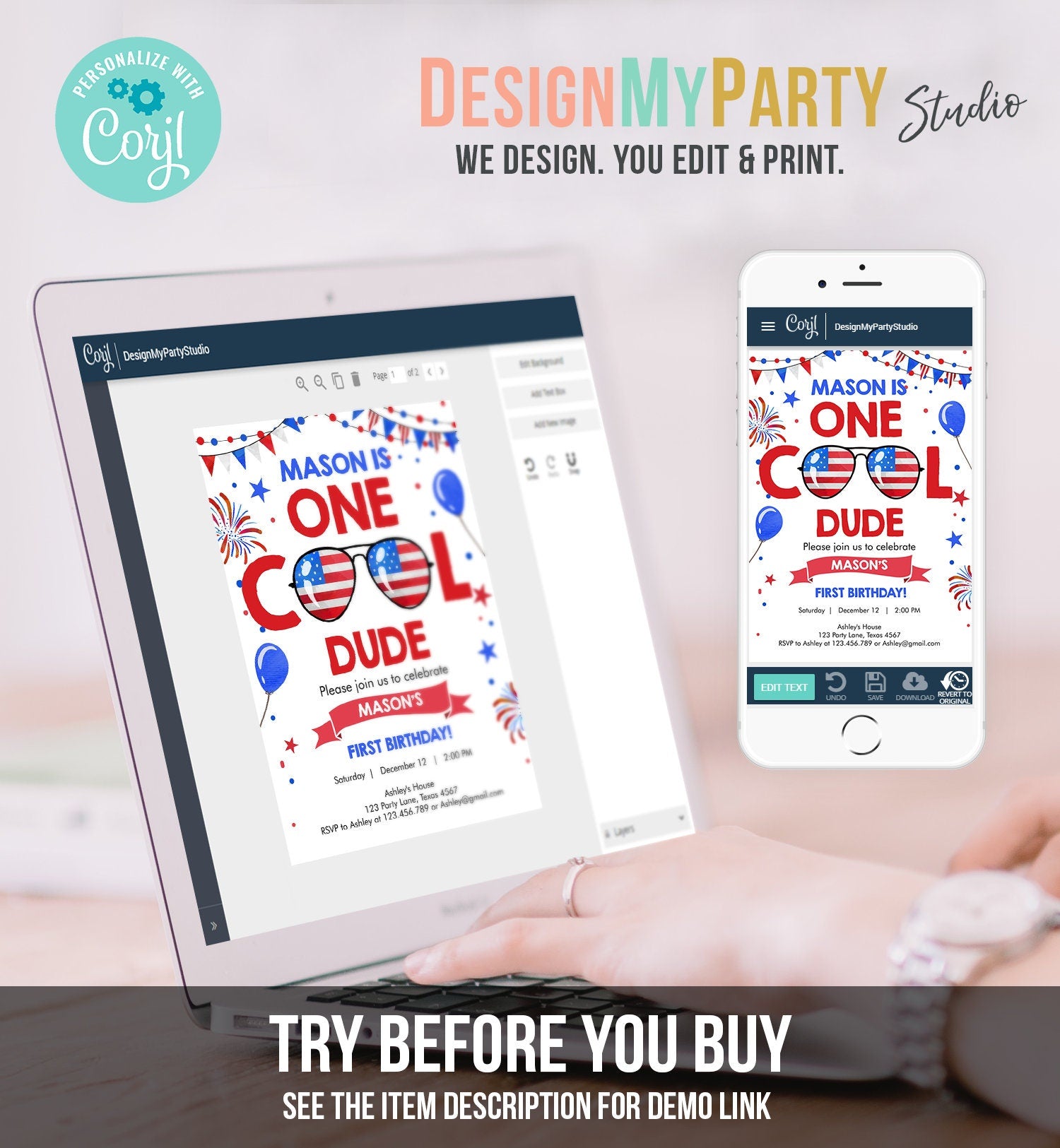 Editable Memorial Day Birthday Invitation 4th of July Little Firecracker Red White Blue One Cool Dude Sunglasses Template Corjl Digital 0122