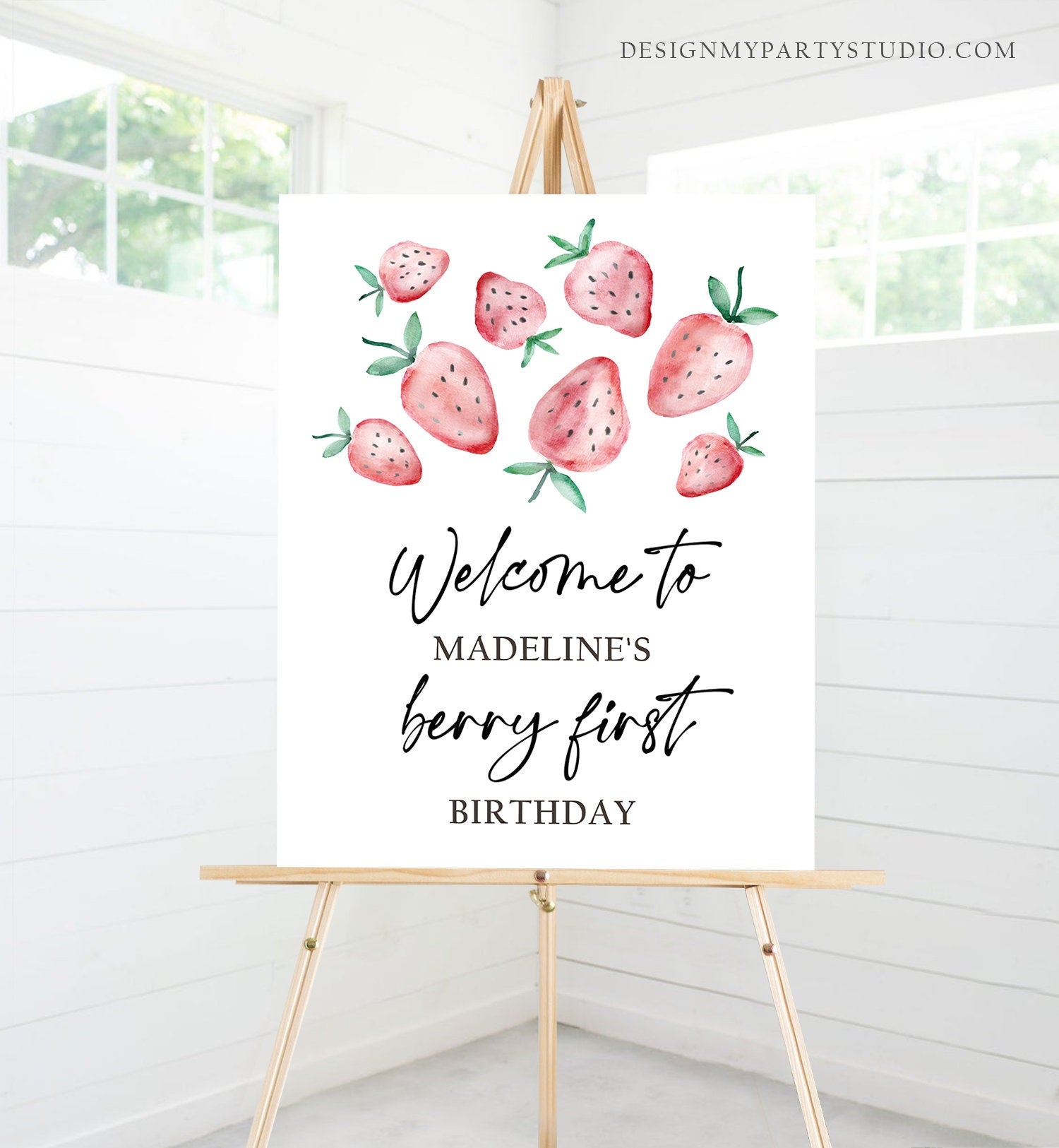 Editable Strawberry Welcome Sign Strawberry Birthday Party Welcome Farmers Market Berry First Berry Sweet Template PRINTABLE Digital 0399