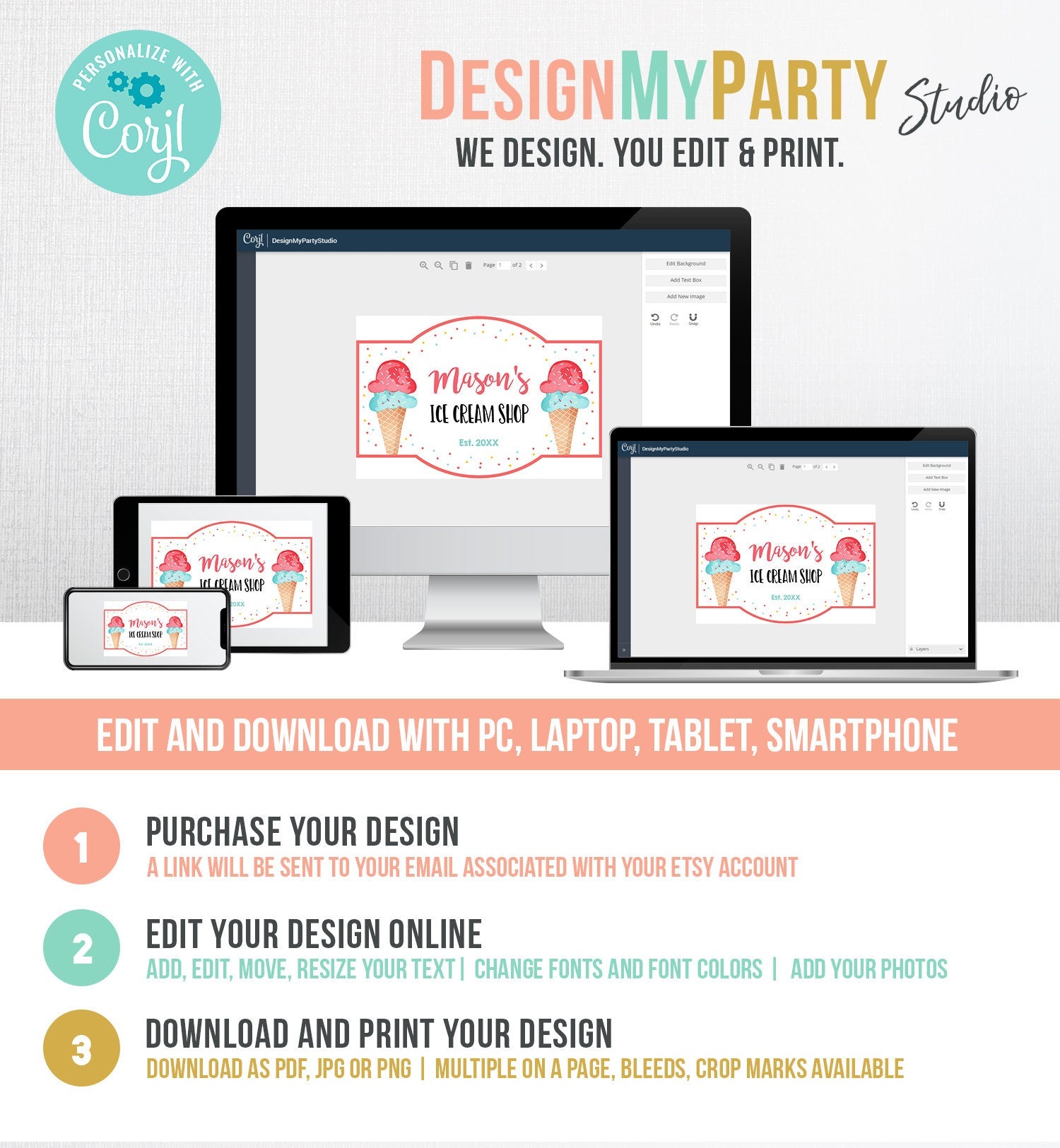 Editable Ice Cream Shop Sign Ice Cream Birthday Welcome Ice Cream Parlor Boy Summer Blue Red Mint Summer Diigtal Template Printable 0243