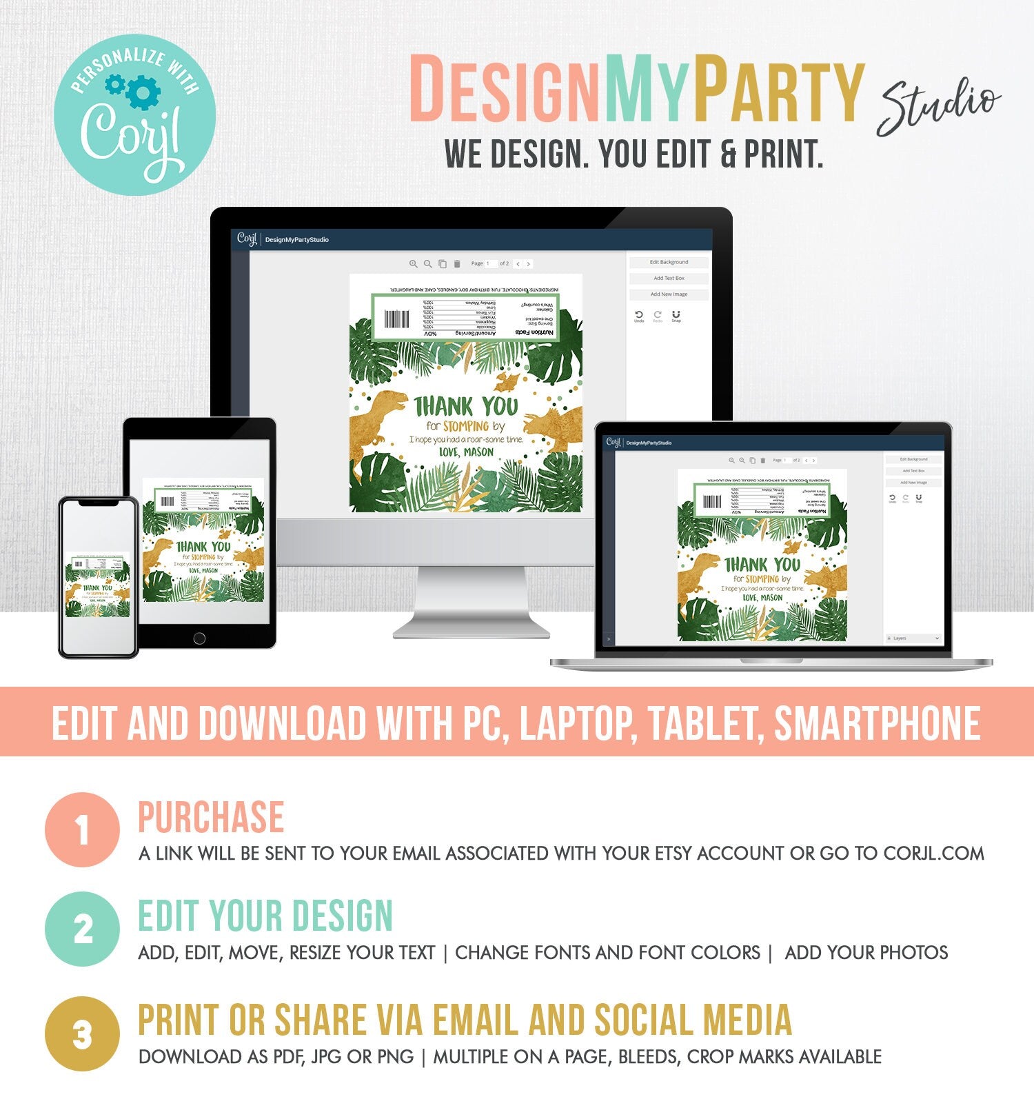 Editable Dinosaur Chocolate Bar Labels Candy Bar Wrapper Safari Tropical Gold Boy Birthday Party Digital Download Template Printable 0146