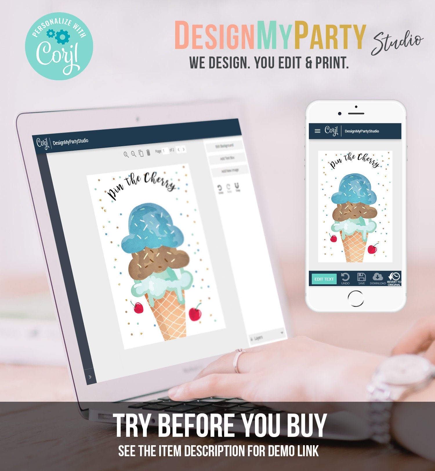 Editable Pin the Cherry on The Ice Cream Game Ice Cream Boy Birthday Game Summer Cone Decor Instant Download Printable Digital Corjl 0243