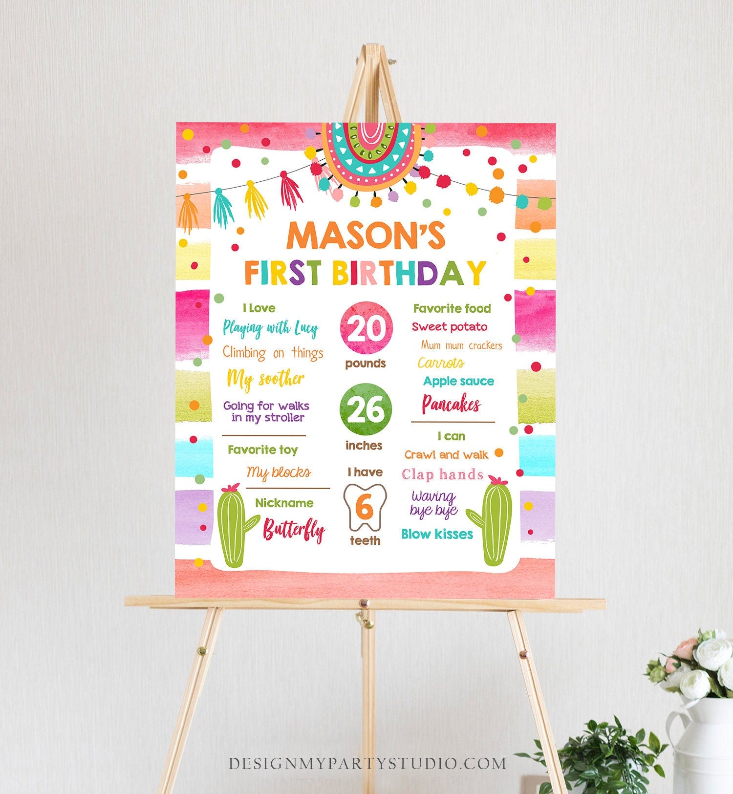 Editable Fiesta Birthday Milestones Sign Mexican Cactus Succulent Girl Boy Blue First Birthday 1st Digital Download Template Printable 0134