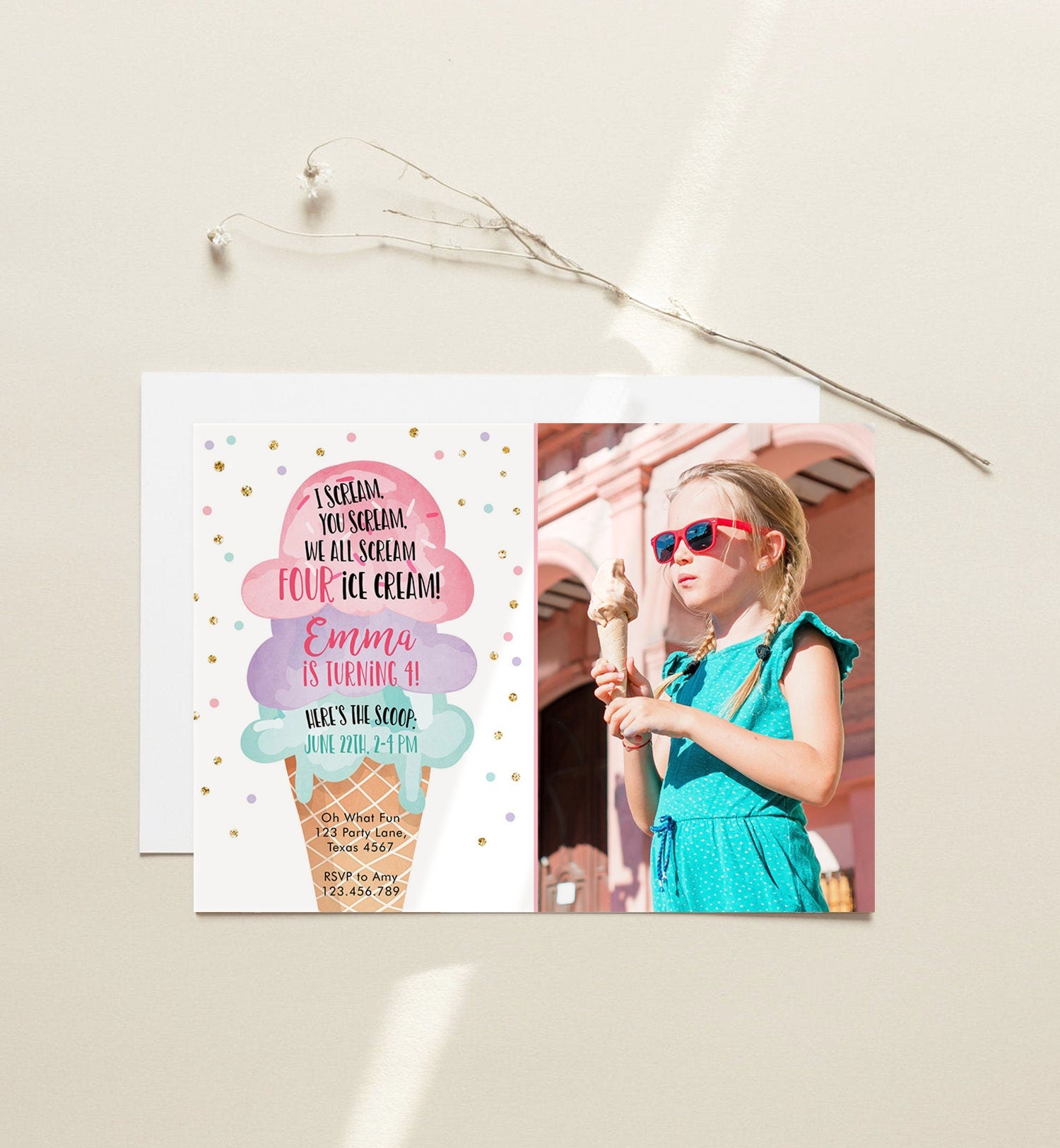 Editable Ice Cream I Scream Birthday Invitation Four Party 4th Here's the Scoop Cone Pink Mint Purple Digital Template Printable 0243