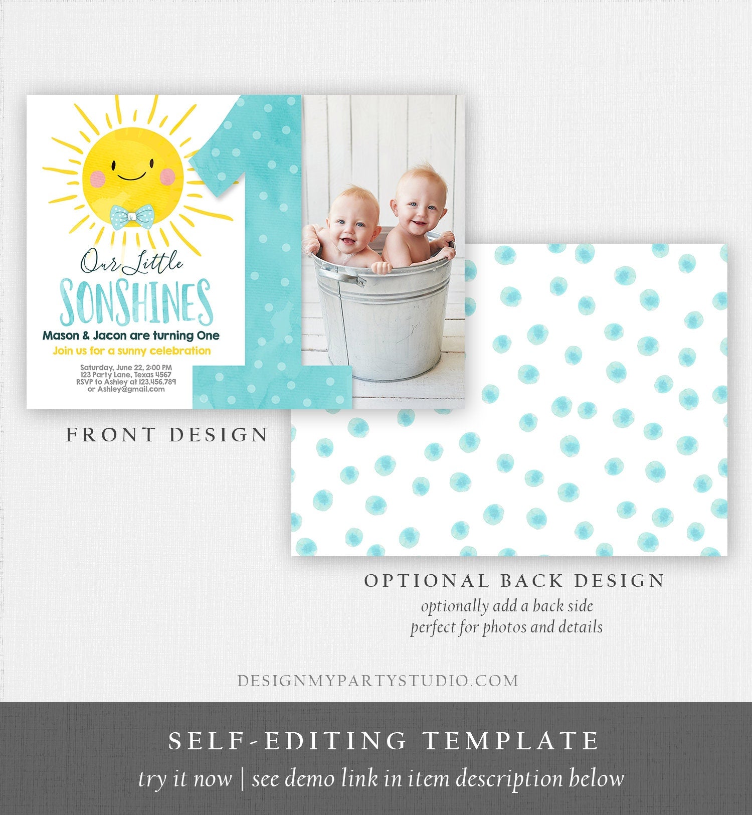Editable Birthday Invitation Twins Little Sunshines Boys Siblings Brothers Twin Summer Download Invitation Template Corjl Printable 0141