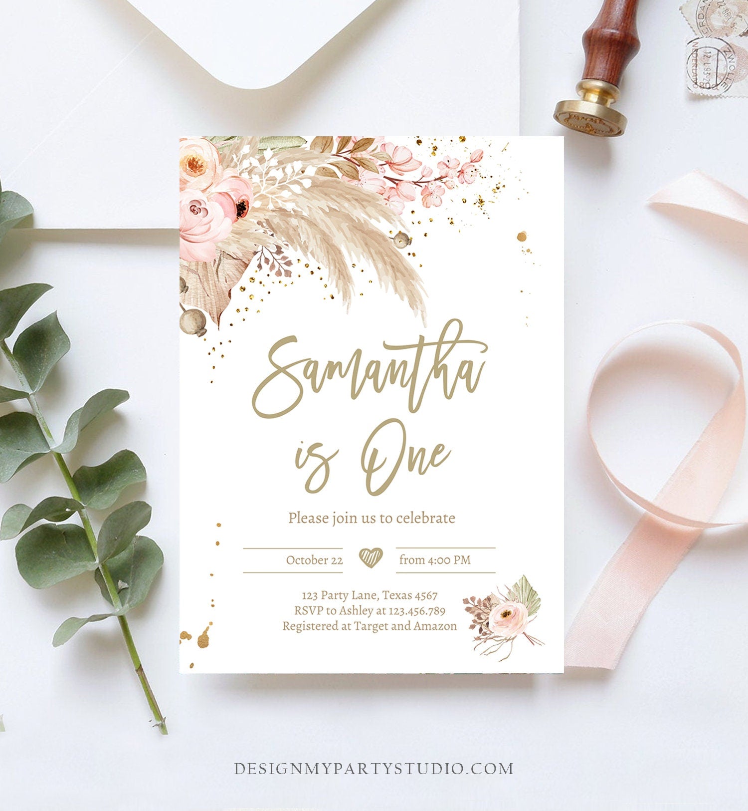 Editable Pampas Grass Birthday Invitation Boho Birthday Invite Bohemian Girl Muted Rustic Digital Download Evite Template Printable 0395