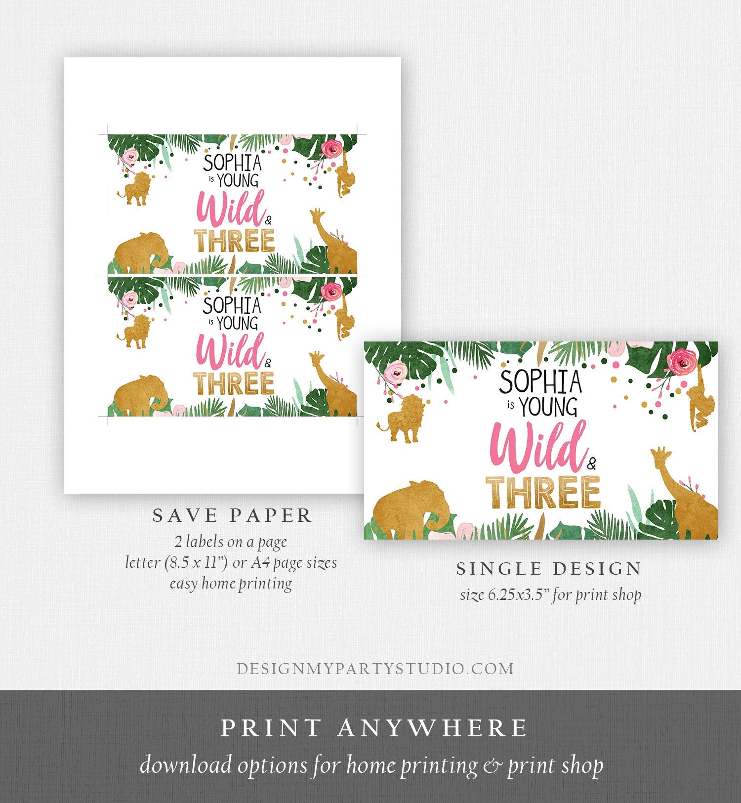 Editable Safari Animals Birthday Gable Gift Box Label Party Animals Gold Pink Young Wild Three Girl Digital Download Template Printable 0016