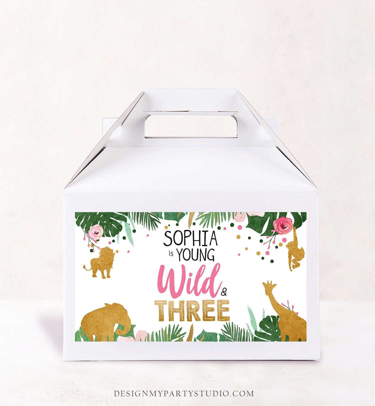 Editable Safari Animals Birthday Gable Gift Box Label Party Animals Gold Pink Young Wild Three Girl Digital Download Template Printable 0016