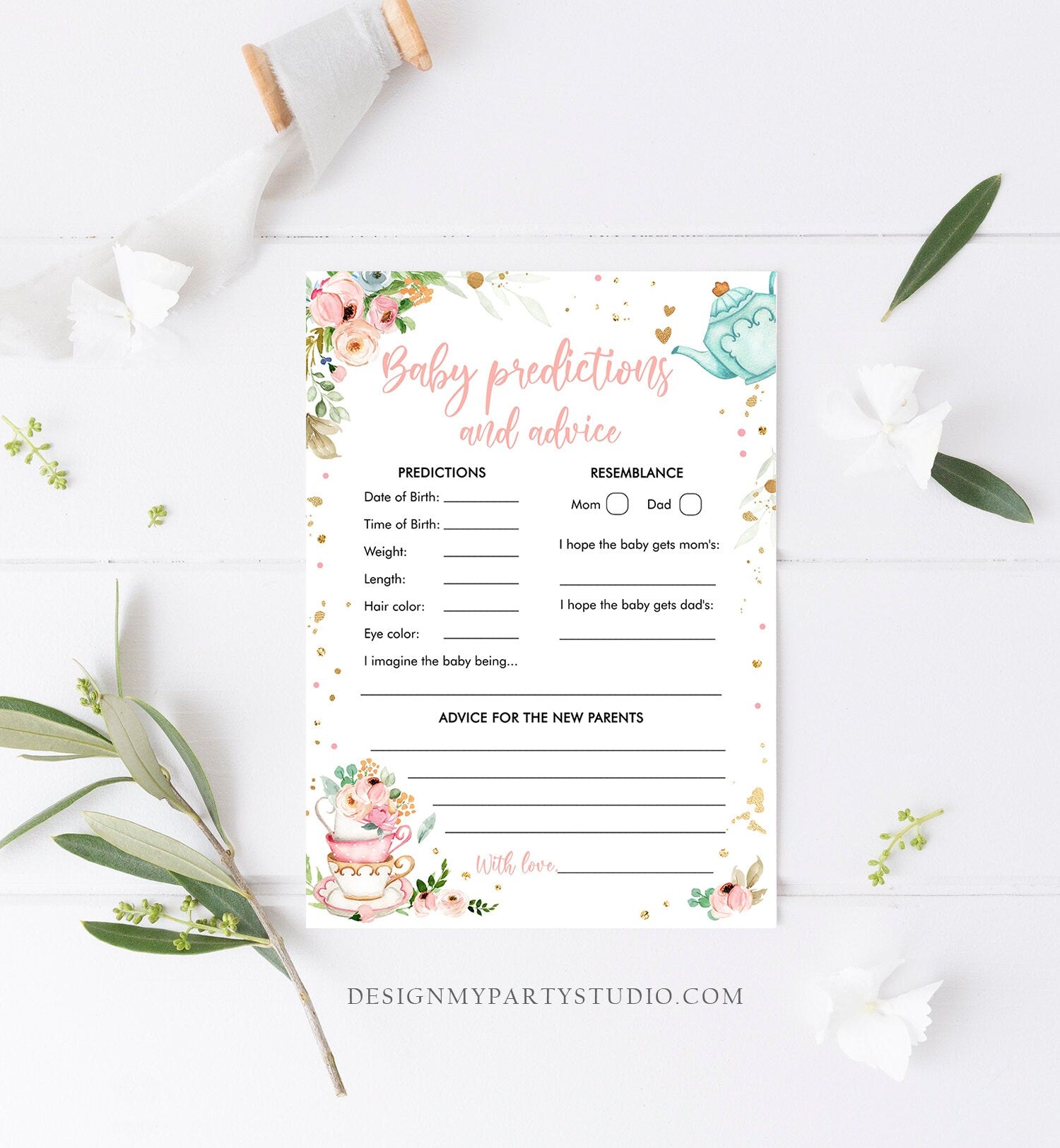 Editable Baby Predictions Baby Shower Game Advice for Parents Tea Party Baby is Brewing Game Shower Activity Corjl Template Printable 0349