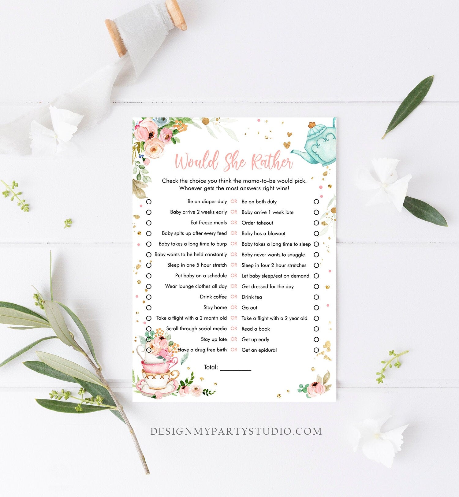 Editable Would She Rather Baby Shower Game Greenery Tea Party Baby is Brewing Pink Rustic Watercolor Guess Corjl Template Printable 0349