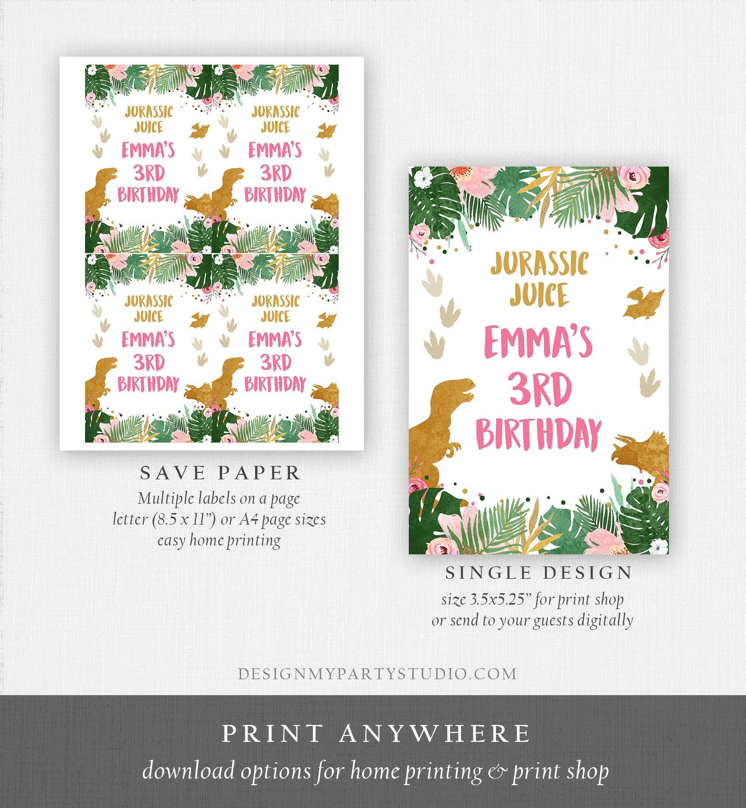 Editable Dinosaur Juice Pouch Label Juice Favors Dino Girl Birthday T-Rex Pink Gold Prehistoric Digital Download Template Printable 0146