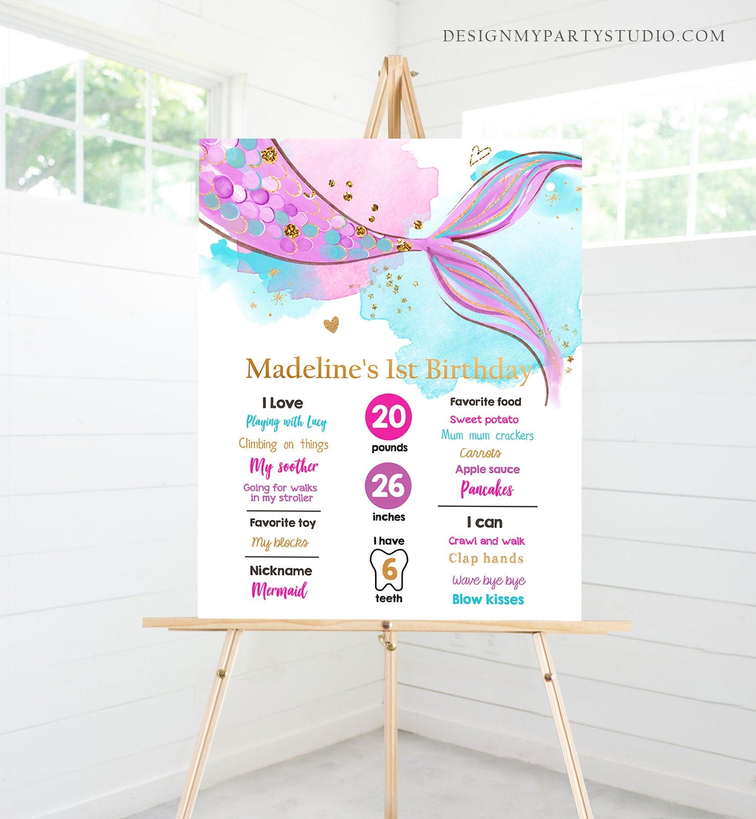 Editable Mermaid Birthday Milestones Sign Mermaid Tail Girl 1st Birthday Under The Sea Pink Purple Gold Digital Template Printable 0403