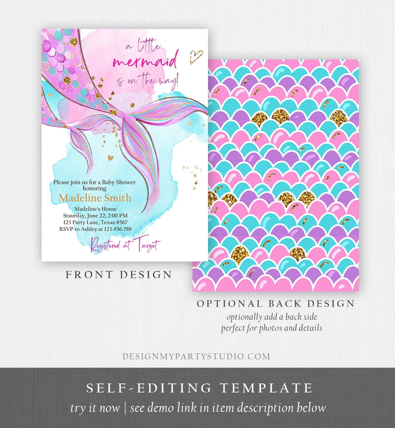 Editable Mermaid Baby Shower Invitation Little Mermaid Girl Under The Sea Baby Shower Pink Purple Digital Download Template Printable 0403