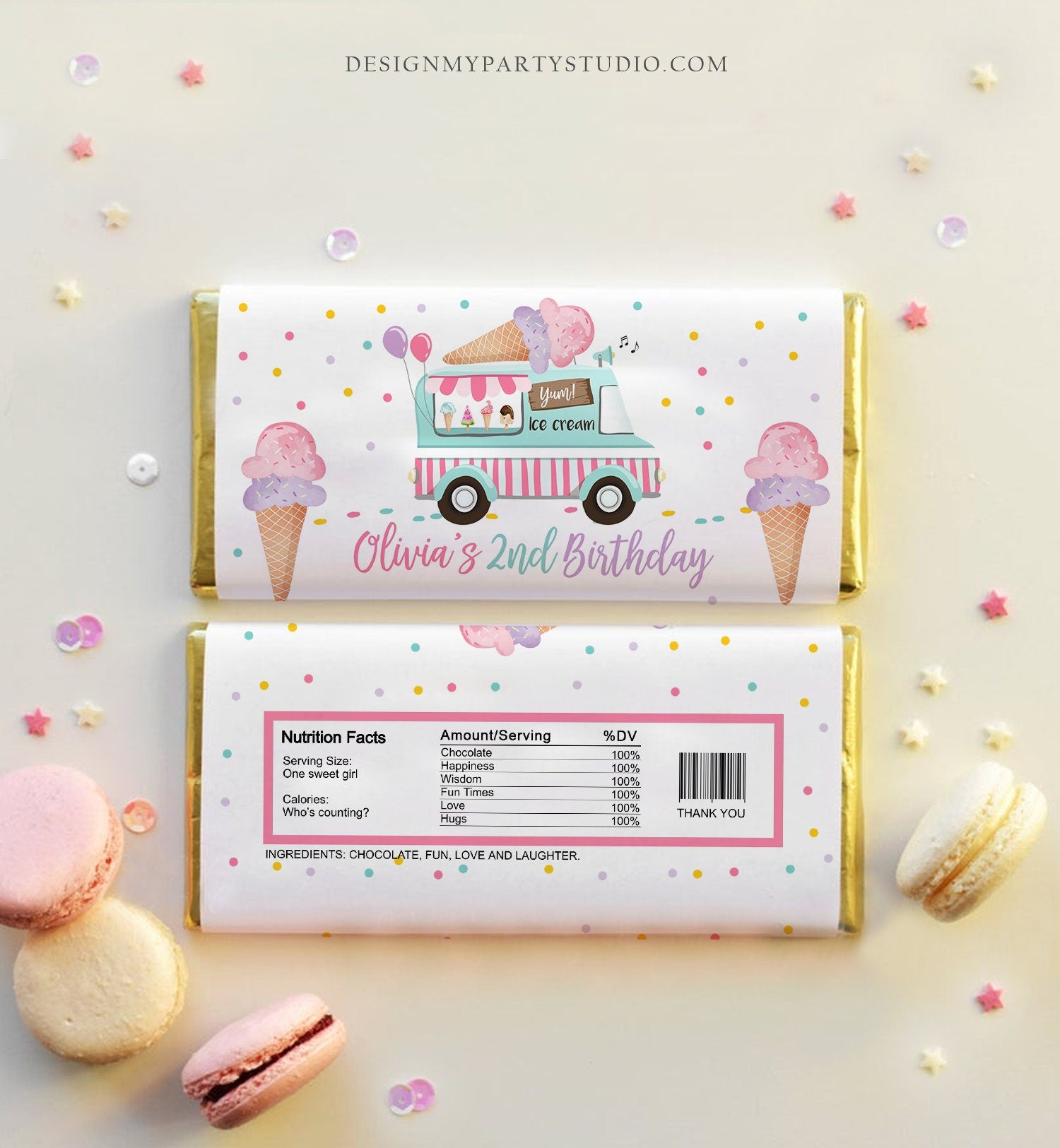 Editable Ice Cream Truck Candy Bar Wrapper Ice Cream Birthday Chocolate Bar Labels Ice Cream Party Download Corjl Template Printable 0243