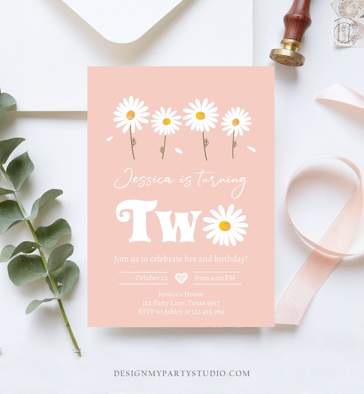 Editable Daisy Birthday Party Invitation 2nd Birthday Two Floral Bohemian Girl Boho Pink 1st Digital Download Evite Template Printable 0410