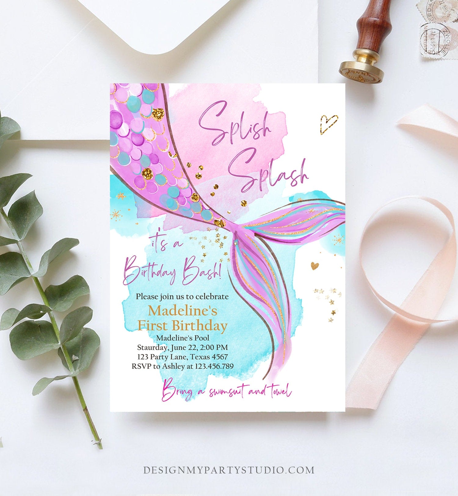 Editable Mermaid Birthday Party Invitation Girl Pink Purple Gold Mermaid Birthday Under The Sea Download Printable Template Corjl 0403