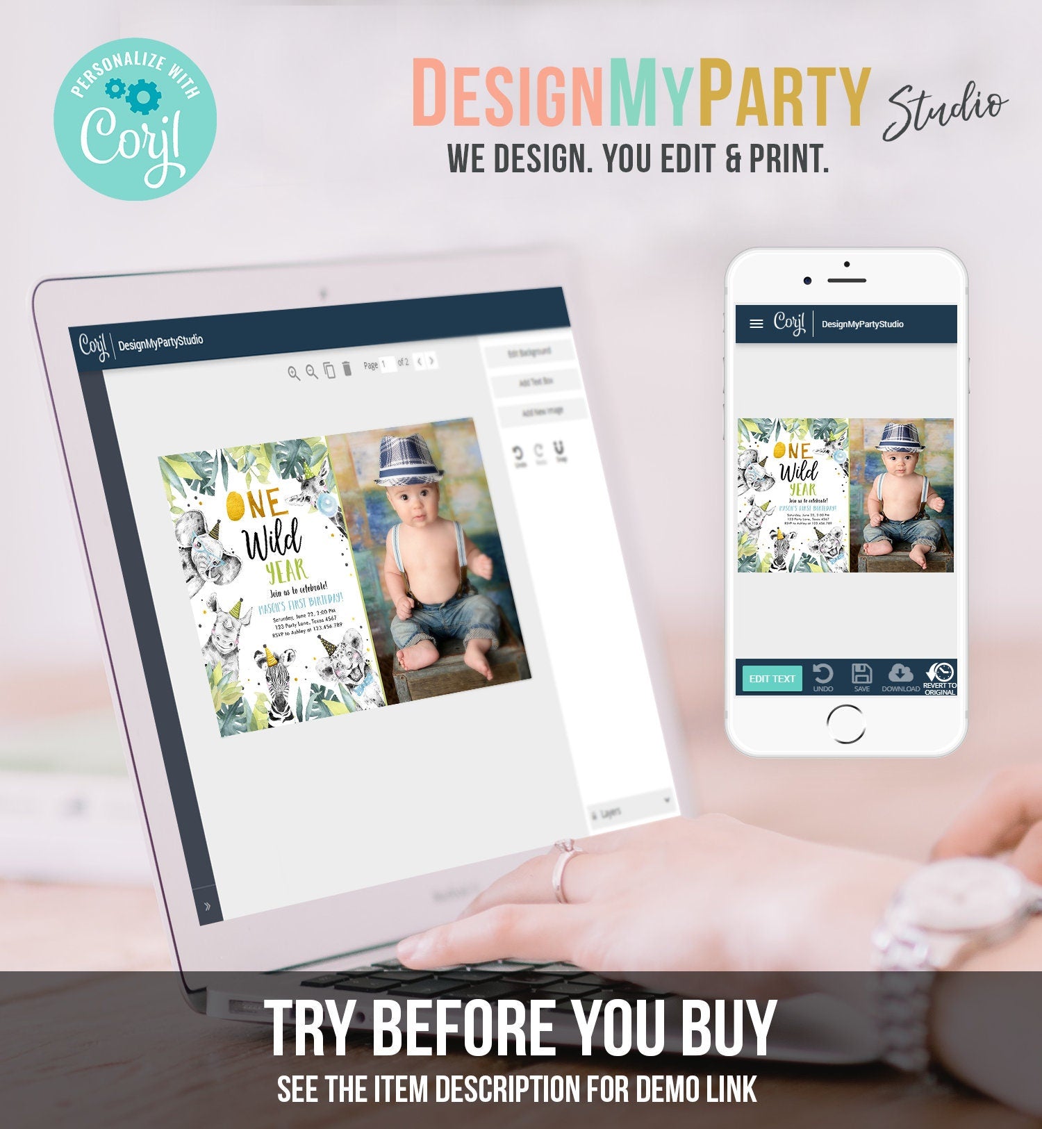 Editable One Wild Year Birthday Invitation Safari Party Animals Boy Gold First Birthday Wild One Monochrome Digital Template Printable 0322