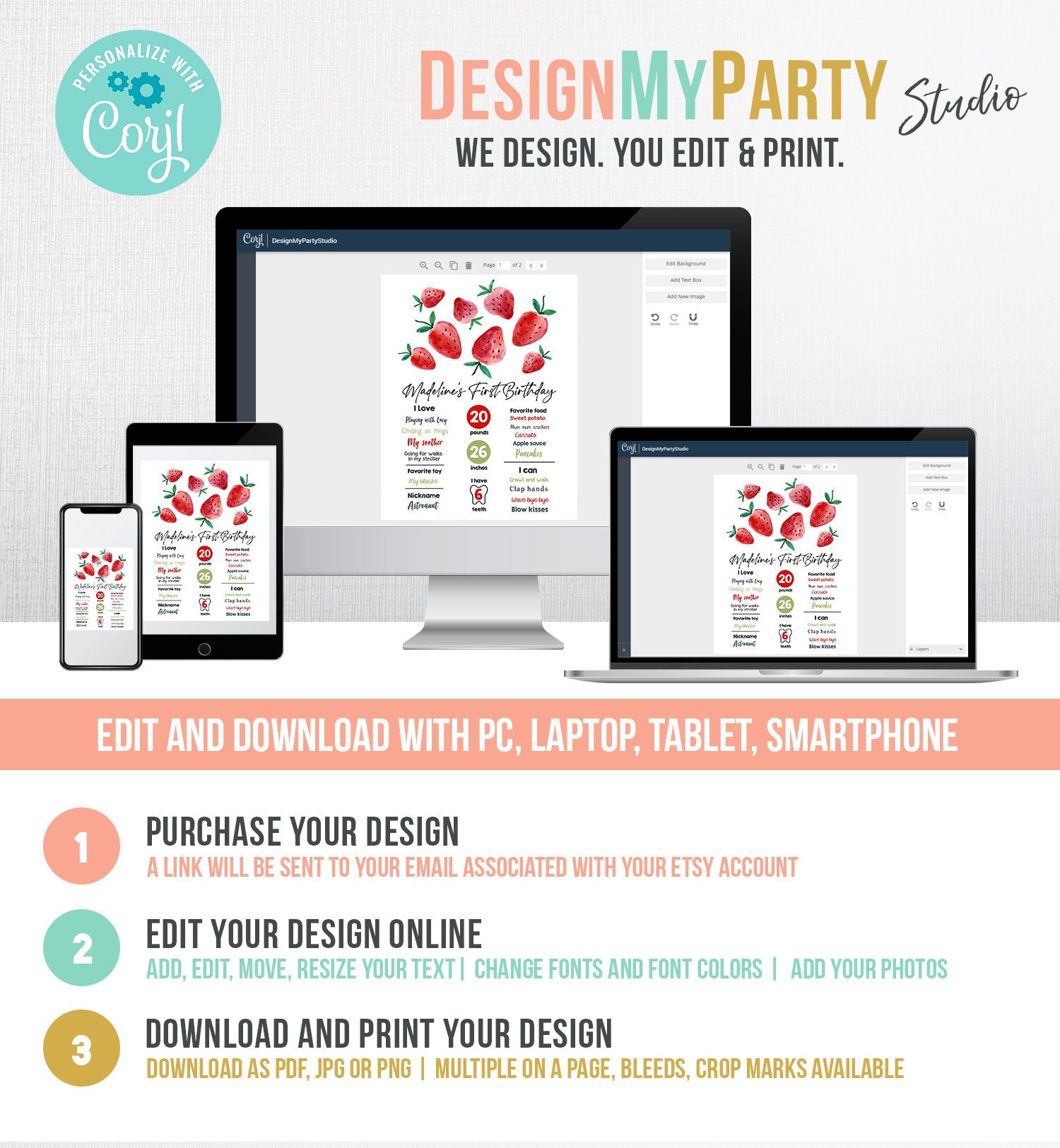 Editable Strawberry Birthday Milestones Sign Strawberry First Birthday Girl Strawberries Watercolor Digital Download Template Printable 0399