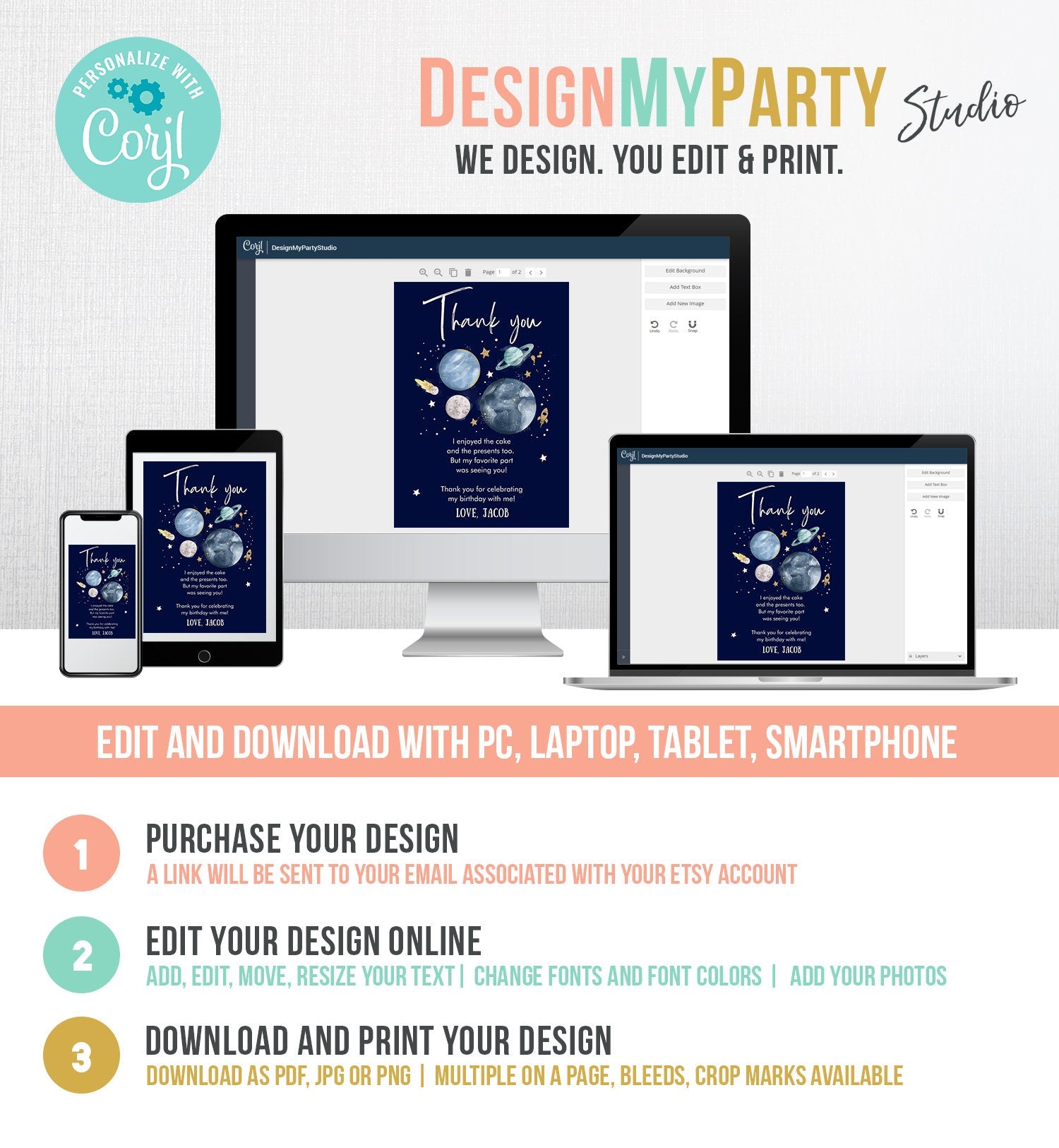 Editable Outer Space Birthday Thank You Card Space Astronaut To the Moon Galaxy Thank You Note Digital Download Template Printable 0357